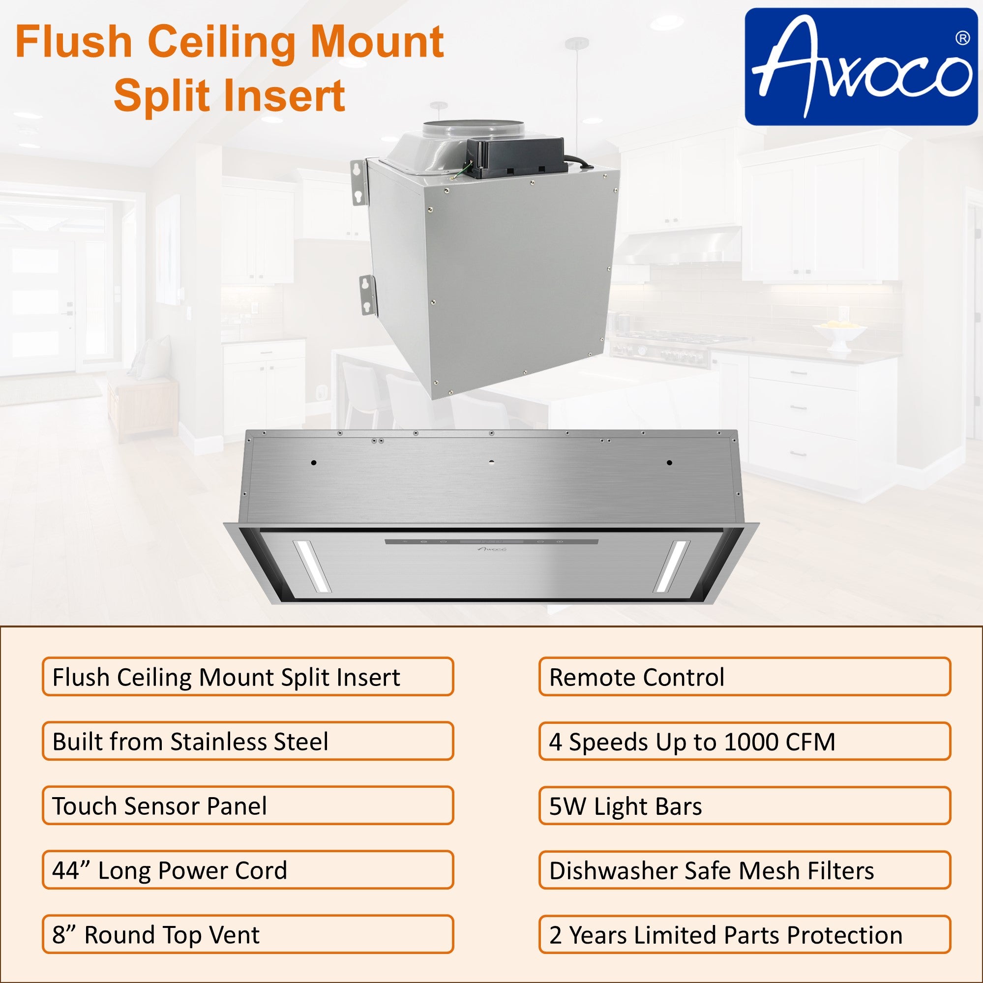 Awoco 30”W Flush Ceiling Mount Split Insert Range Hood, Stainless Steel 4 Speeds 1000 CFM, 8” Round Top Vent LED Lights Remote Control