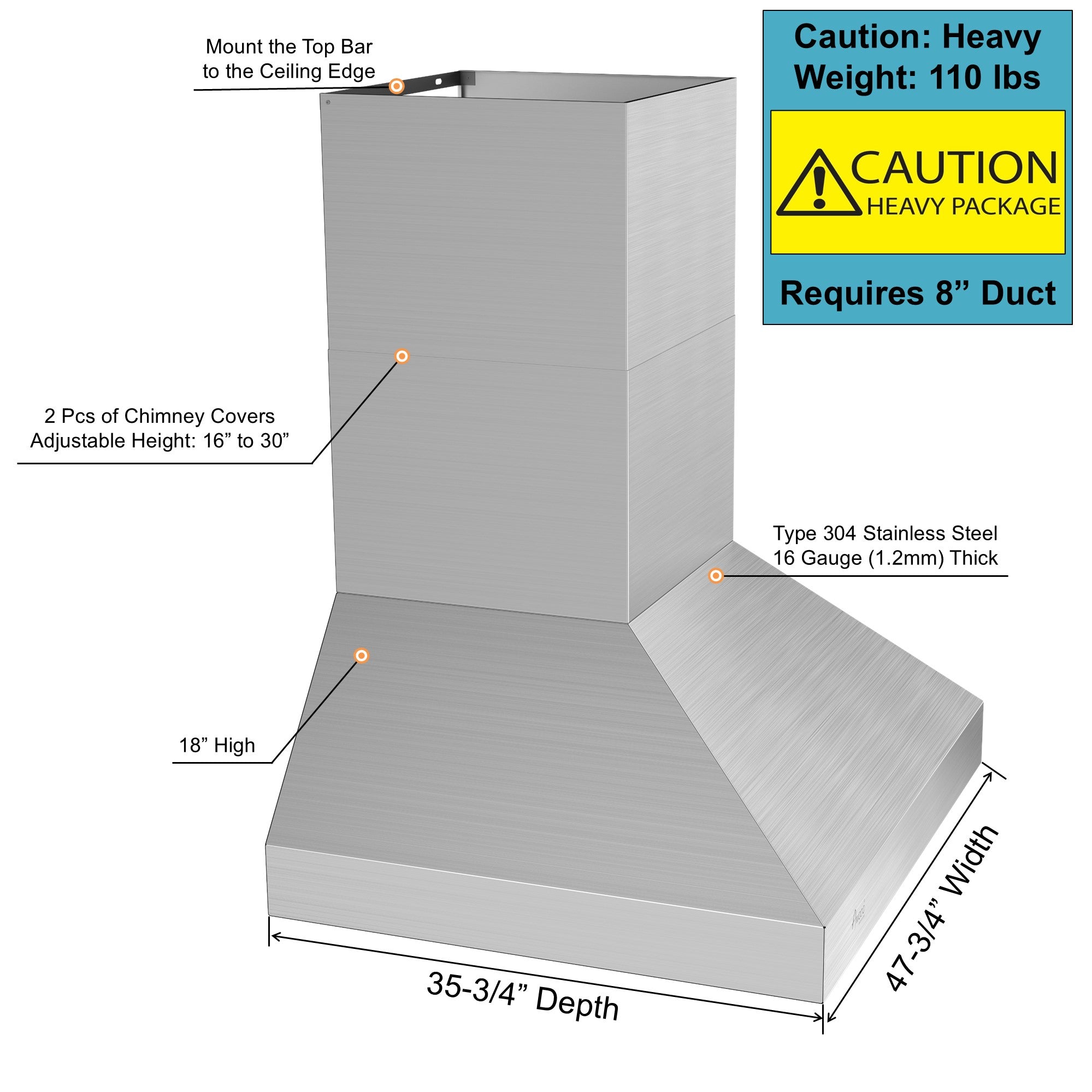 Awoco 48” Outdoor BBQ Wall Mount Vent Hood Type 304 Stainless Steel, 4 Speeds 2000 CFM, Dual Blowers, Adjustable LED Lights, 2 x 8” Round Top Vents