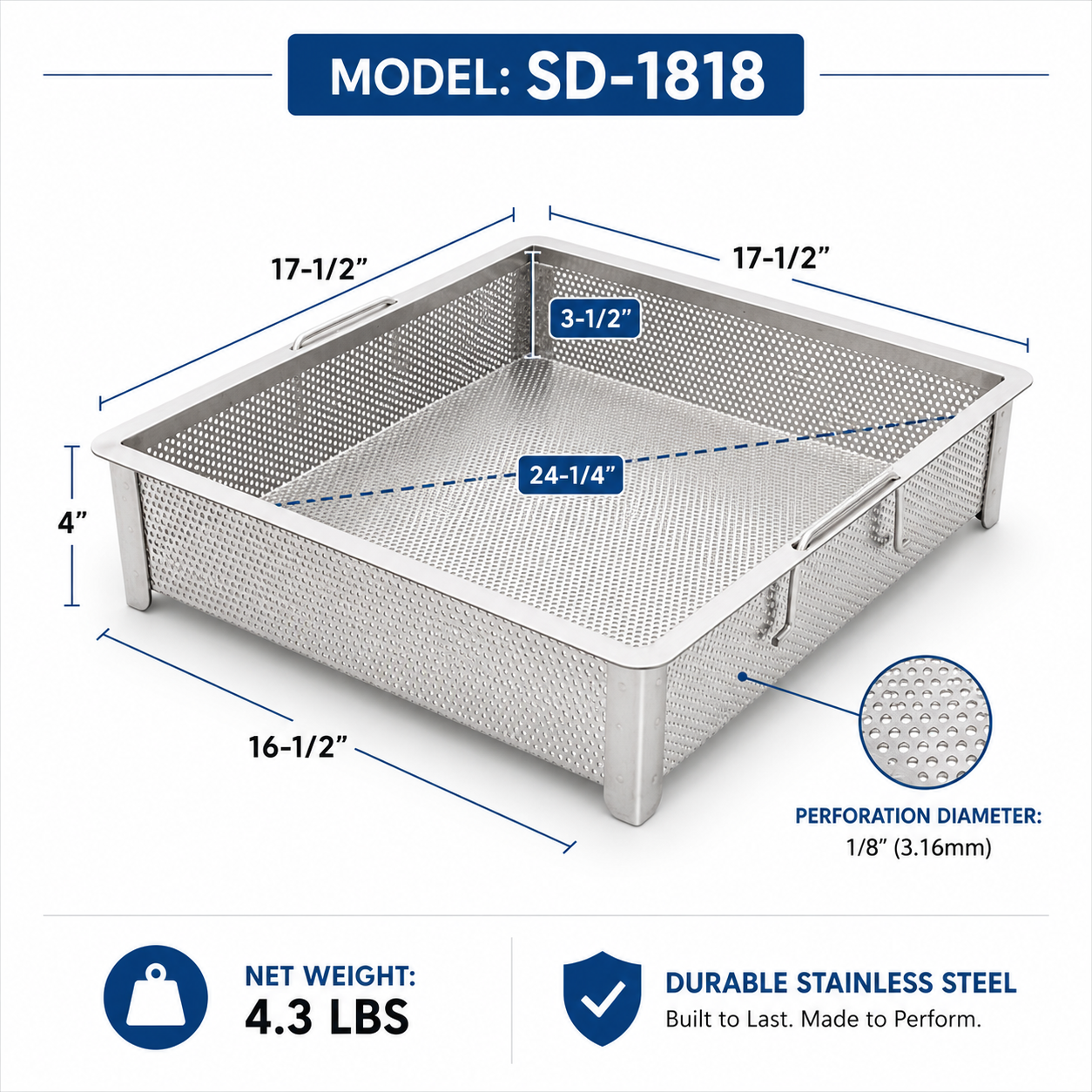 GSW 18 x 18 in Stainless Steel Drop-In Compartment Sink Drain Basket - ETL Certified