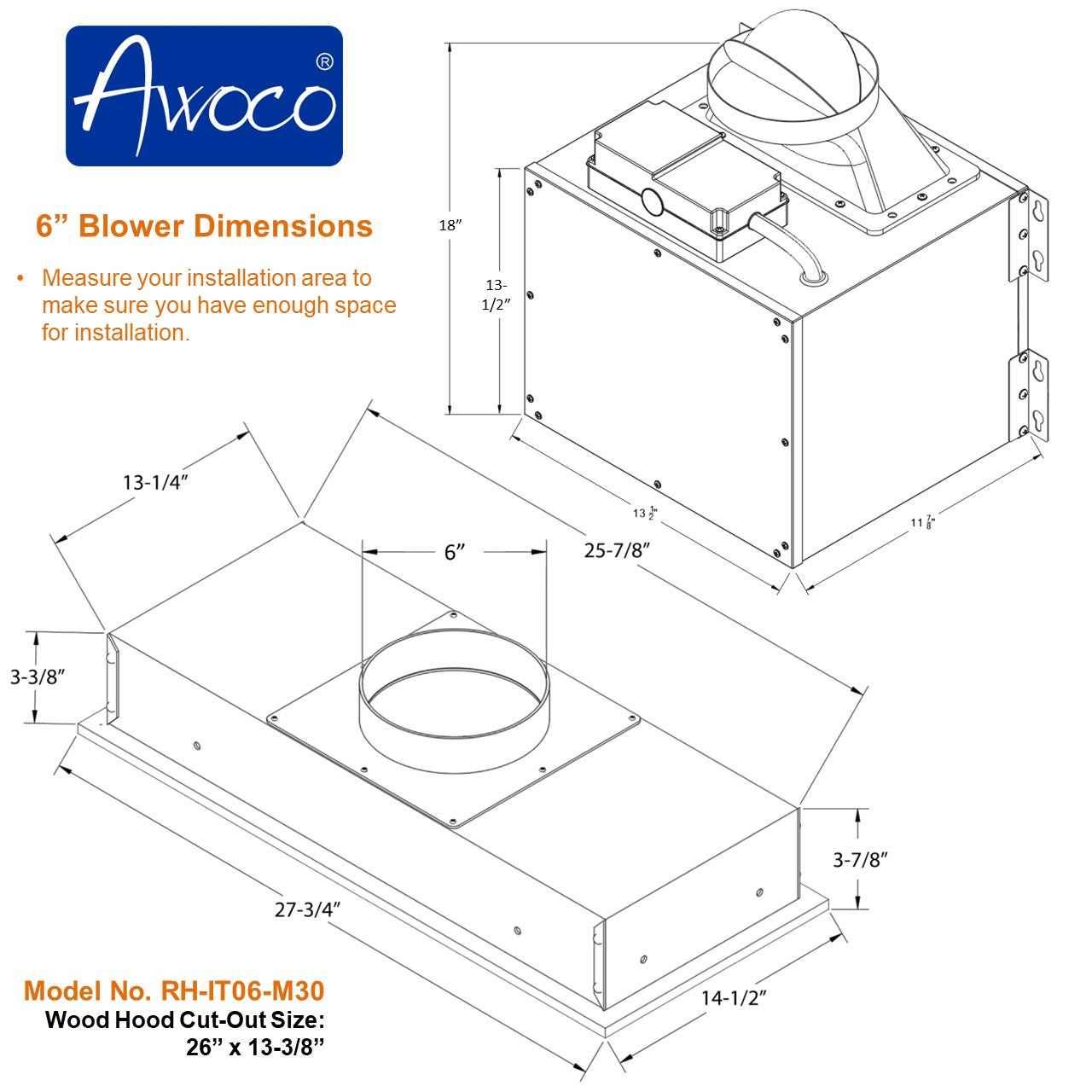 Awoco RH-IT06-M30 14-1/2"D Super Quiet Split Insert Stainless Steel Range Hood, 4-Speeds, 800 CFM, Baffle Filters, LED Lights with 6” Blower (30"W 6" Vent)