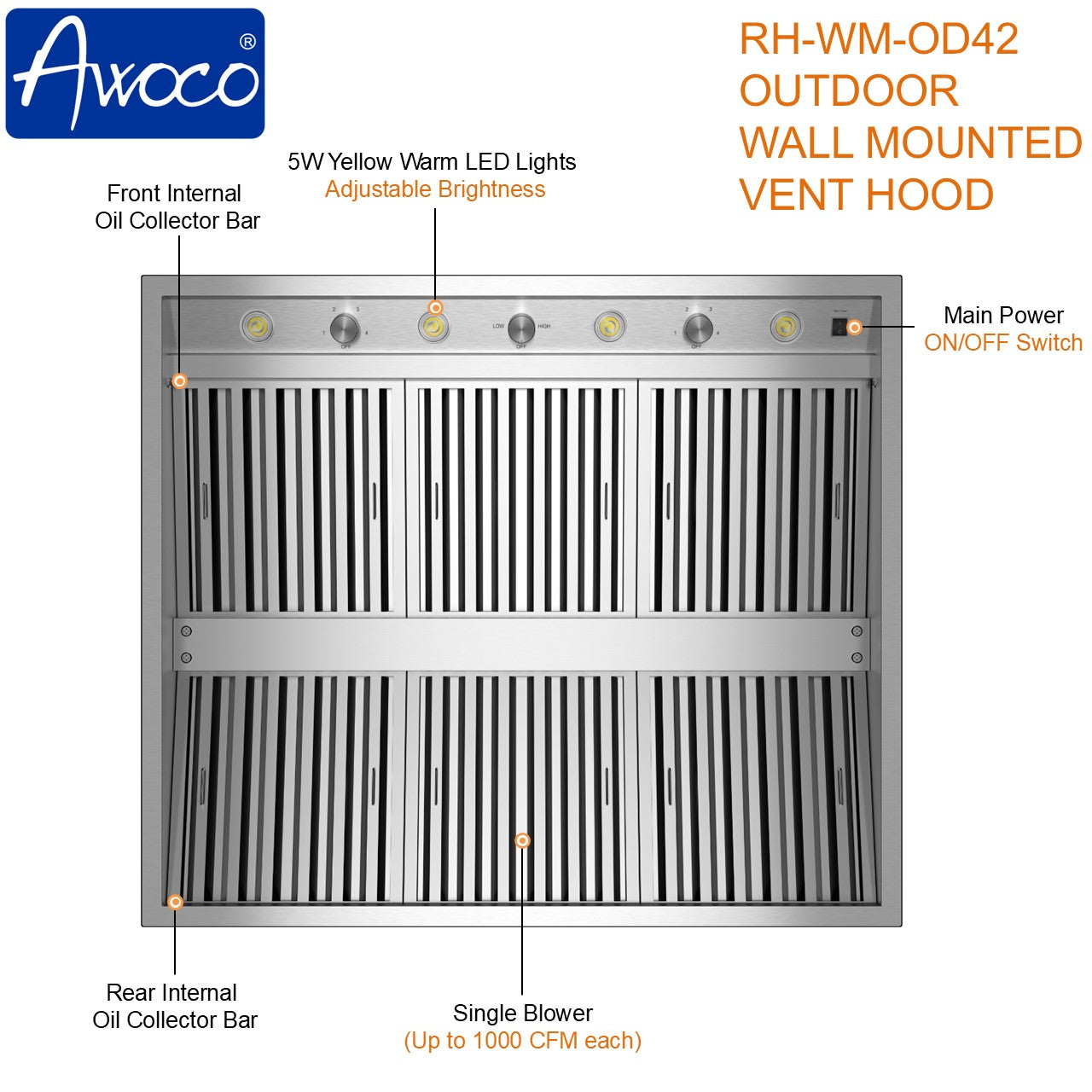 Awoco 42” Outdoor BBQ Wall Mount Vent Hood Type 304 Stainless Steel, 4 Speeds 1000 CFM, Adjustable LED Lights, 8” Round Top Vent