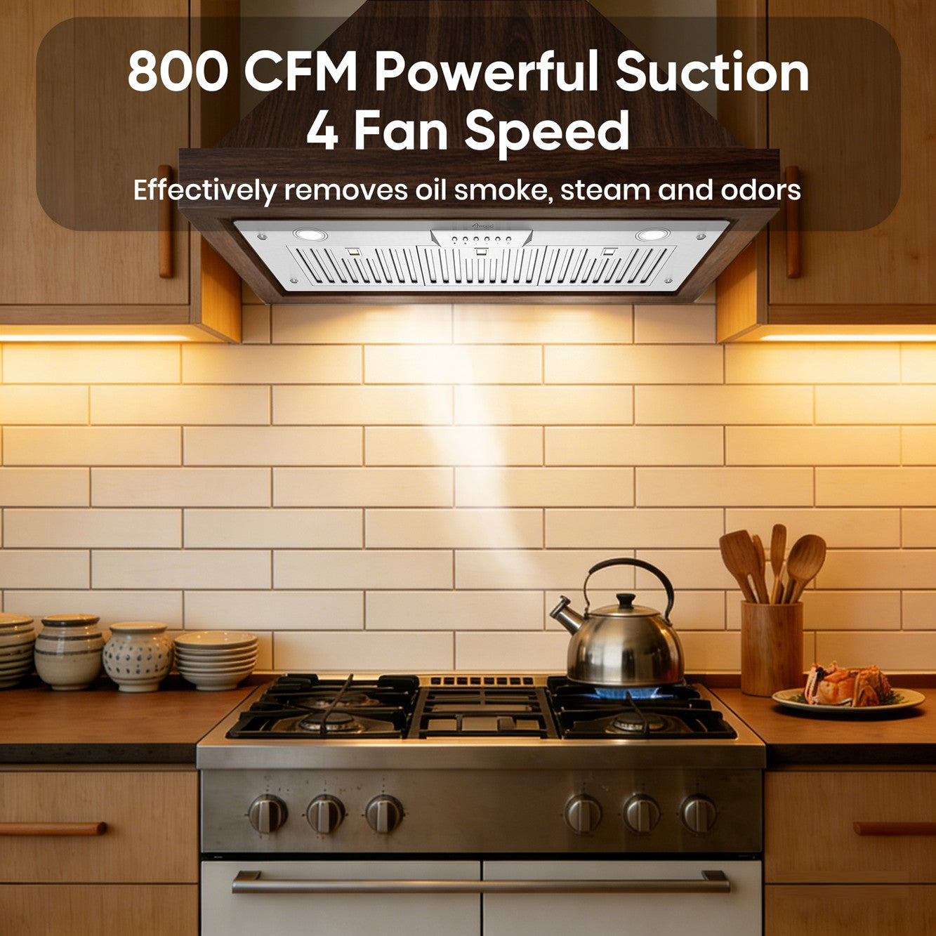 Awoco RH-IT06-M36 14-1/2"D Super Quiet Split Insert Stainless Steel Range Hood, 4-Speeds, 800 CFM, LED Lights with 6” Blower (36"W 6" Vent)