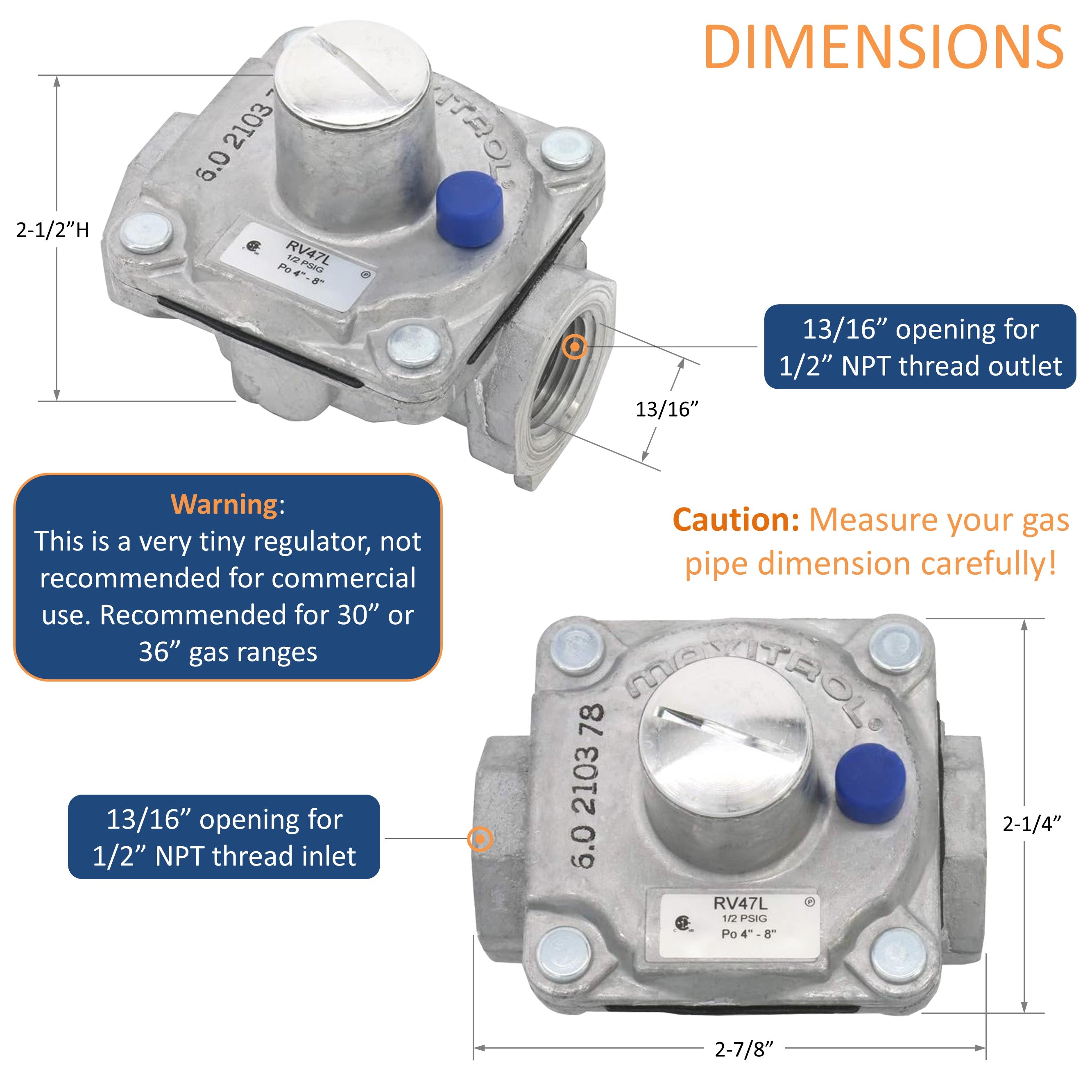 Maxitrol RV47L Natural Gas Pressure Regulator, 1/2" FPT Thread, 13/16" In and Out Opening, 1/2 PSIG In, 4" - 8" WC Out