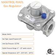 Maxitrol RV47L Liquid Propane Gas Pressure Regulator, 1/2" FPT Thread, 13/16" In and Out Opening, 1/2 PSIG In, 6" - 10" WC Out