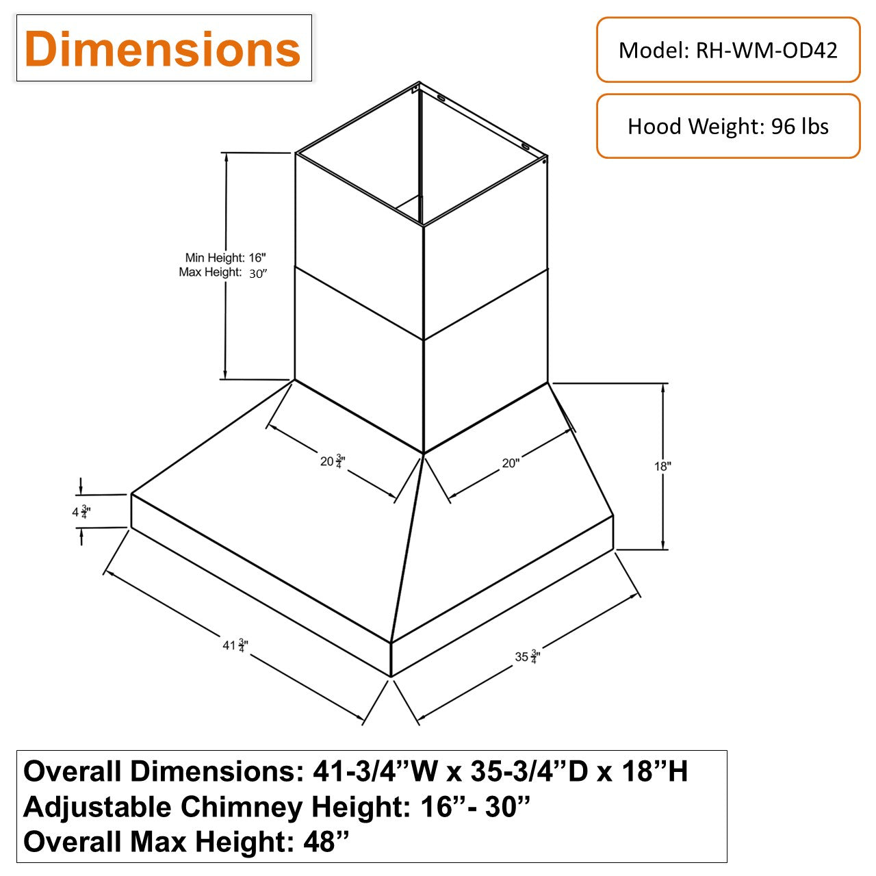 Awoco 42” Outdoor BBQ Wall Mount Vent Hood Type 304 Stainless Steel, 4 Speeds 1000 CFM, Adjustable LED Lights, 8” Round Top Vent