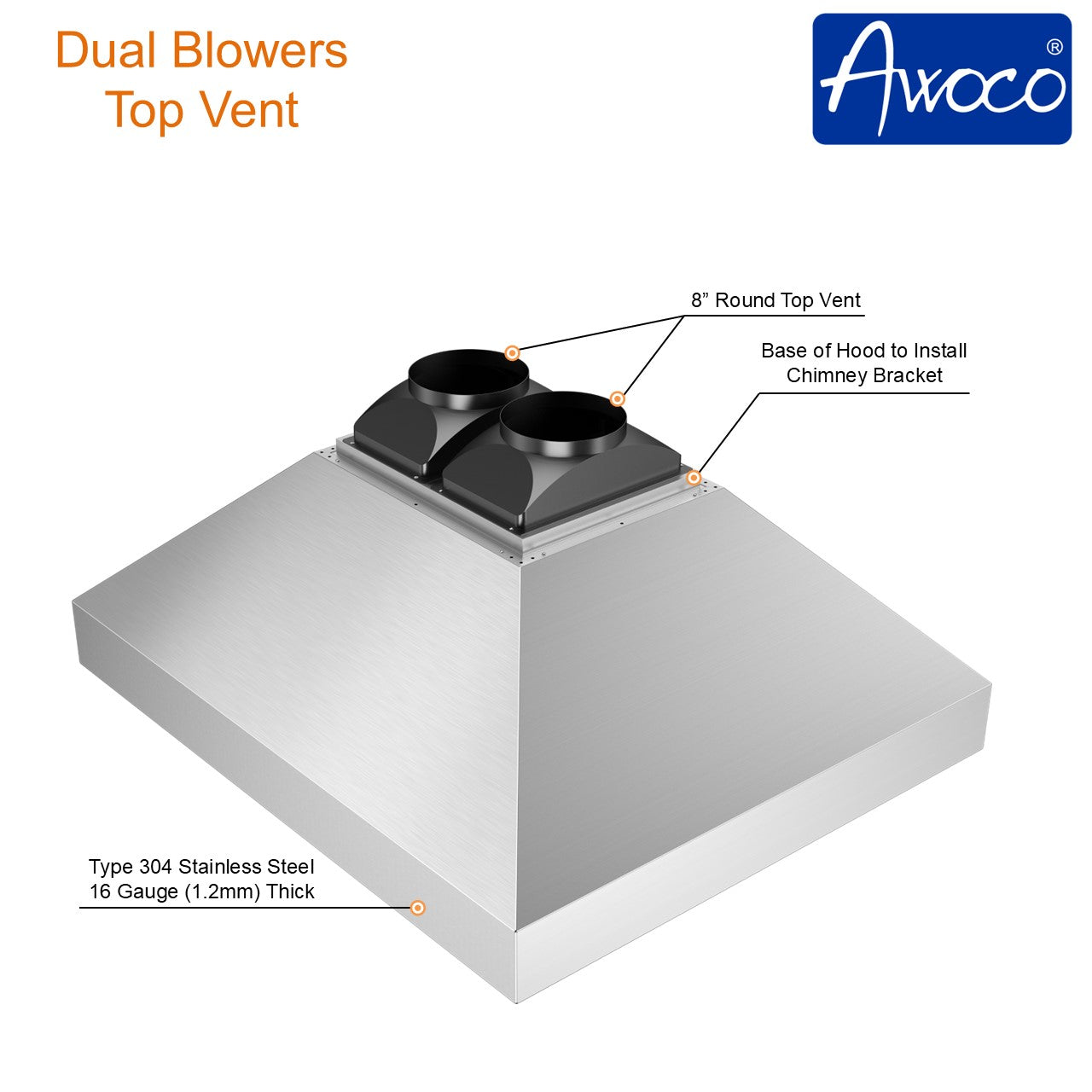 Awoco 48” Outdoor BBQ Island Mount Vent Hood Type 304 Stainless Steel, 4 Speeds 2000 CFM, Dual Blowers, Adjustable LED Lights, 2 x 8” Round Top Vents