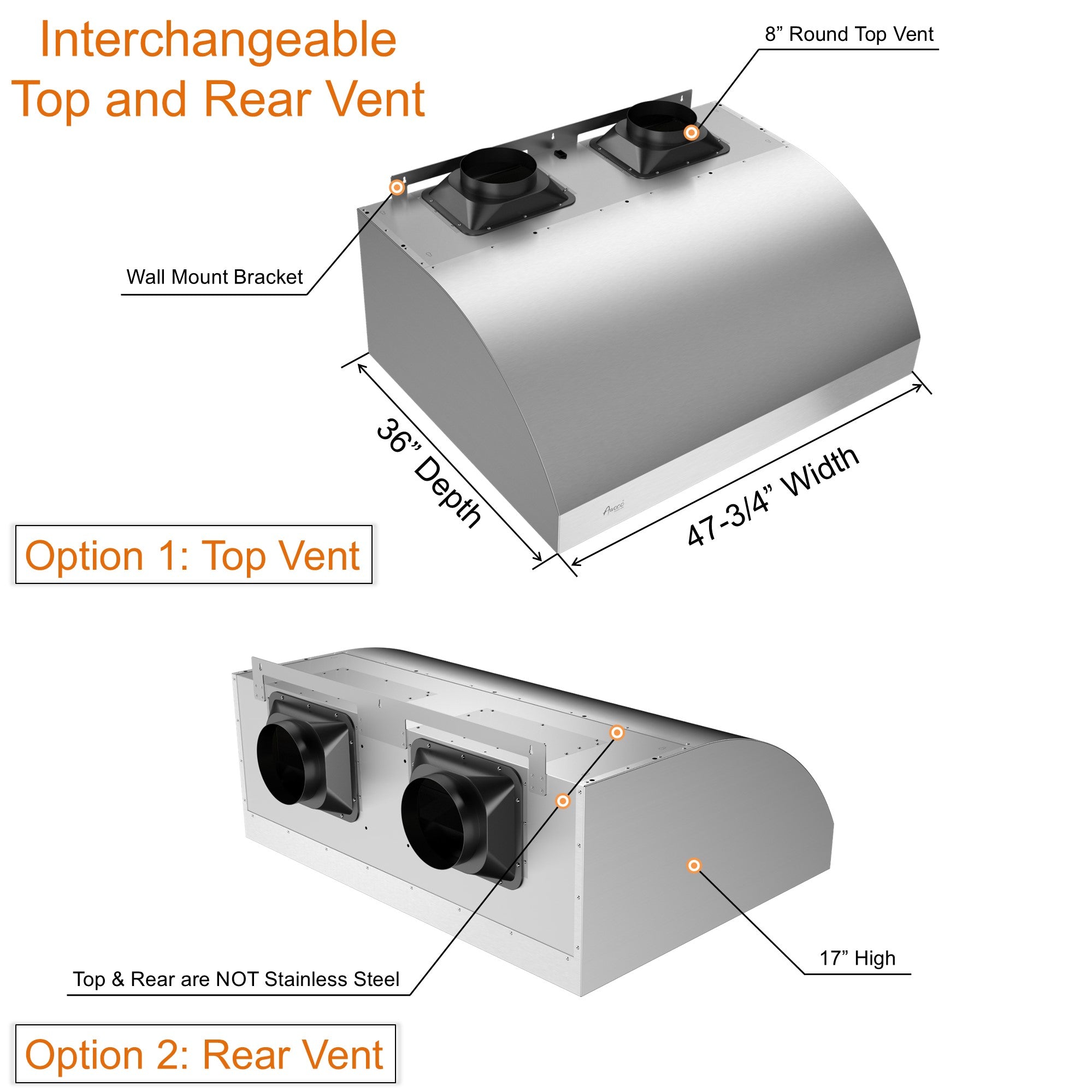 Awoco 48” Outdoor BBQ Vent Hood 17” High Type 304 Stainless Steel, 4 Speeds 2000 CFM, Dual Blowers, Adjustable LED Lights, 8” Round Top Vent