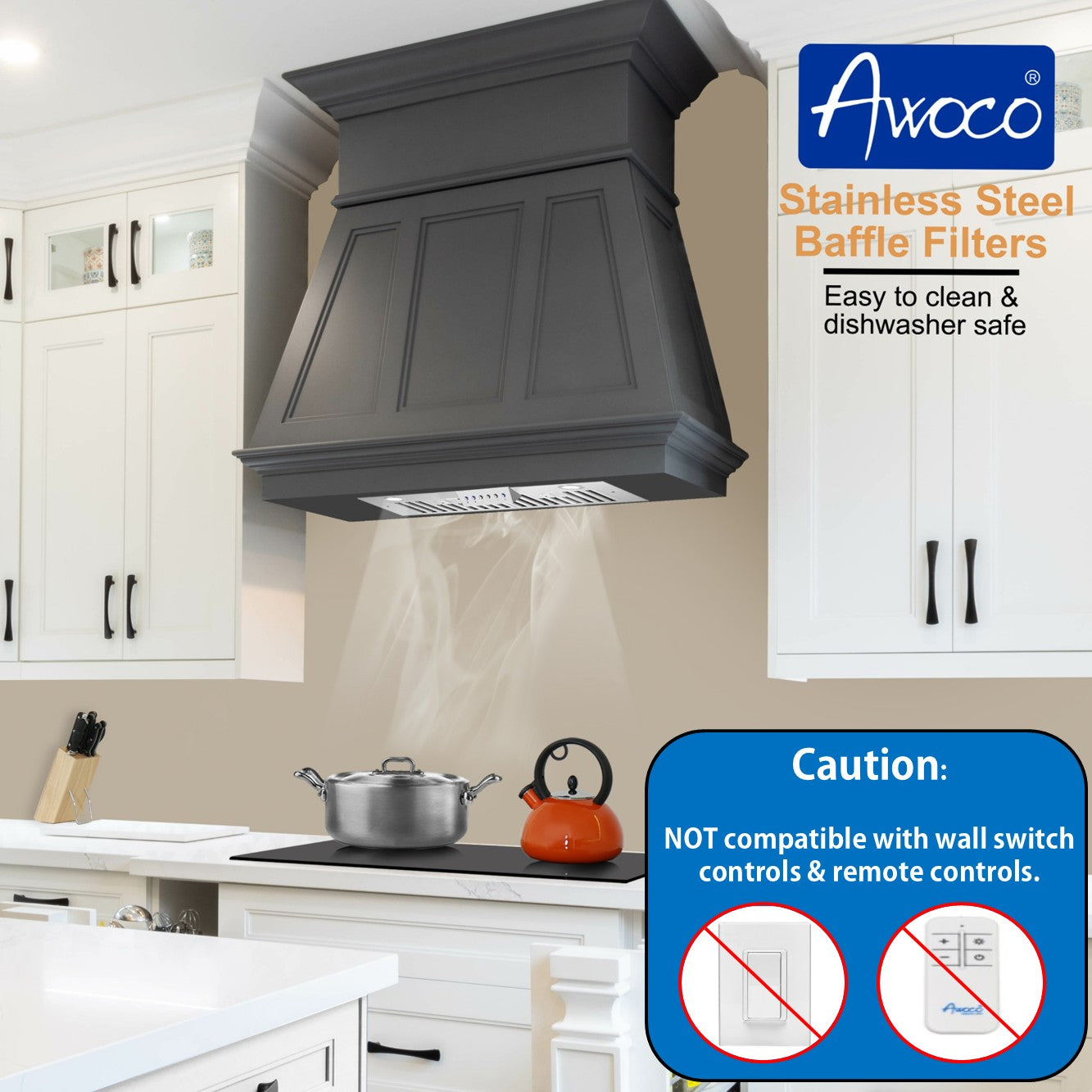 Awoco RH-IT06-M36 14-1/2"D Super Quiet Split Insert Stainless Steel Range Hood, 4-Speeds, 800 CFM, LED Lights with 6” Blower (36"W 6" Vent)