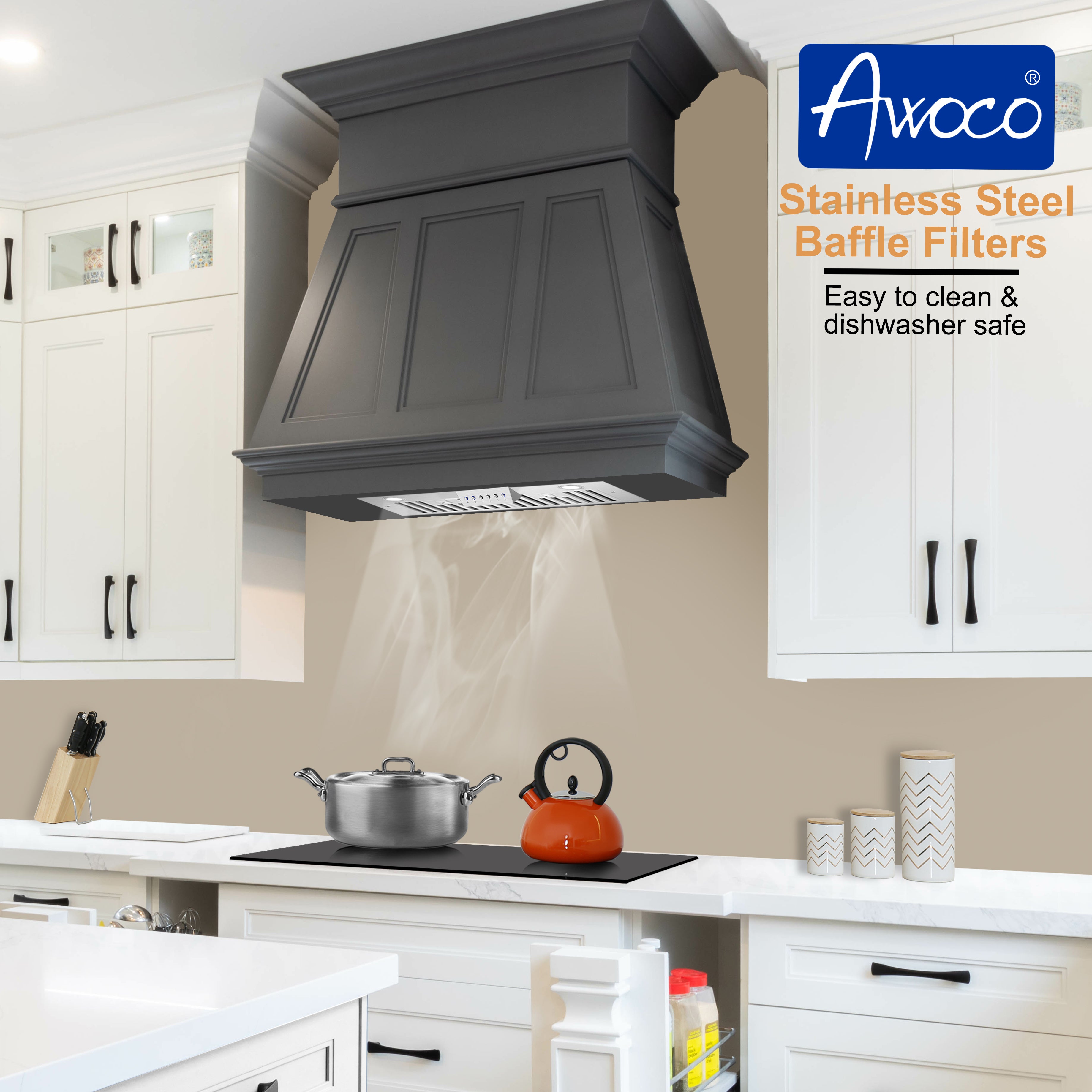 Awoco RH-IT06-M30 14-1/2"D Super Quiet Split Insert Stainless Steel Range Hood, 4-Speeds, 800 CFM, Baffle Filters, LED Lights with 6” Blower (30"W 6" Vent)