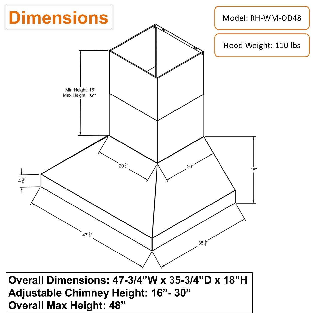 Awoco 48” Outdoor BBQ Wall Mount Vent Hood Type 304 Stainless Steel, 4 Speeds 2000 CFM, Dual Blowers, Adjustable LED Lights, 2 x 8” Round Top Vents