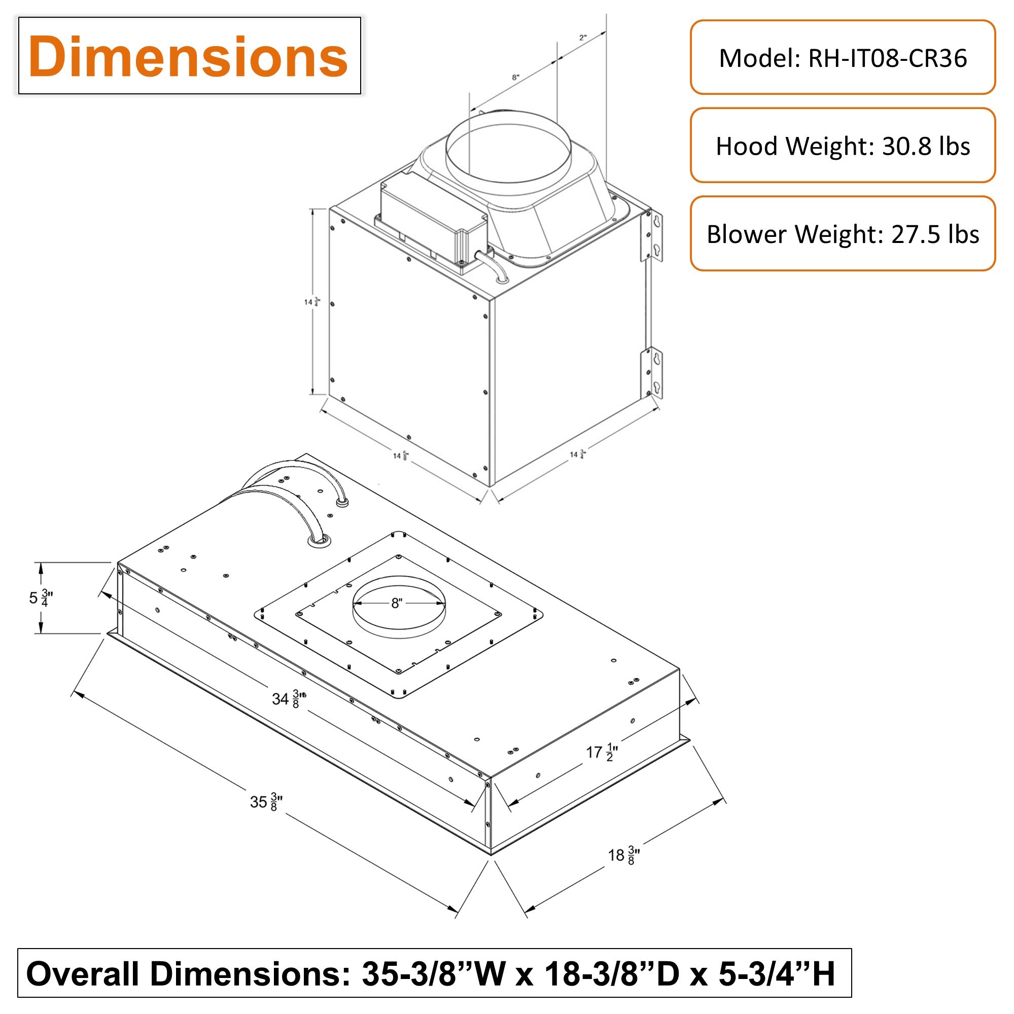 Awoco 36”W Flush Ceiling Mount Split Insert Range Hood, Stainless Steel 4 Speeds 1000 CFM, 8” Round Vent LED Lights Remote Control