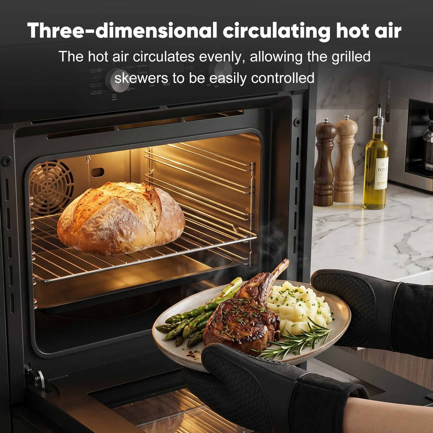 Awoco 24” Built-in Electric Oven, 2.37 Cu ft. Single Wall Oven with 9 Cooking Modes, 360° Rotating Rotisserie, 3440W, Mechanical Knobs Control, LCD Display, Timer, Stainless Steel Wall Oven for Kitchen