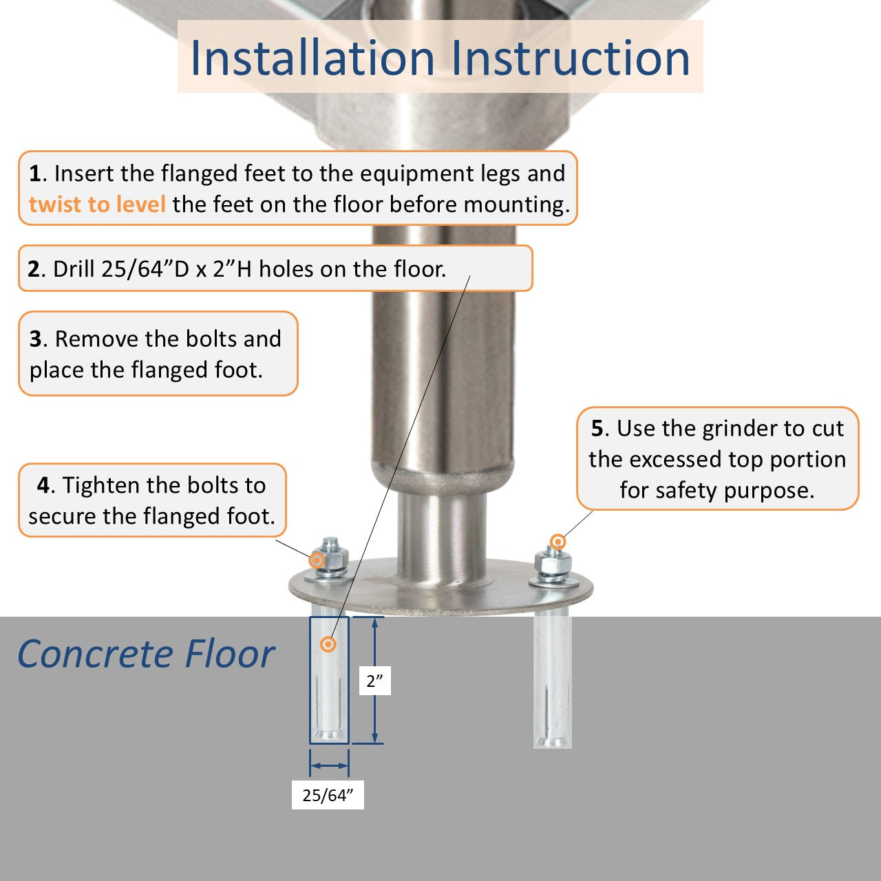 GSW FT-SP3 4 Sets Stainless Steel Adjustable Flanged Feet for 1-5/8" O.D Tubing, 3-1/2" Diameter Table Round Base for Restaurant Equipment