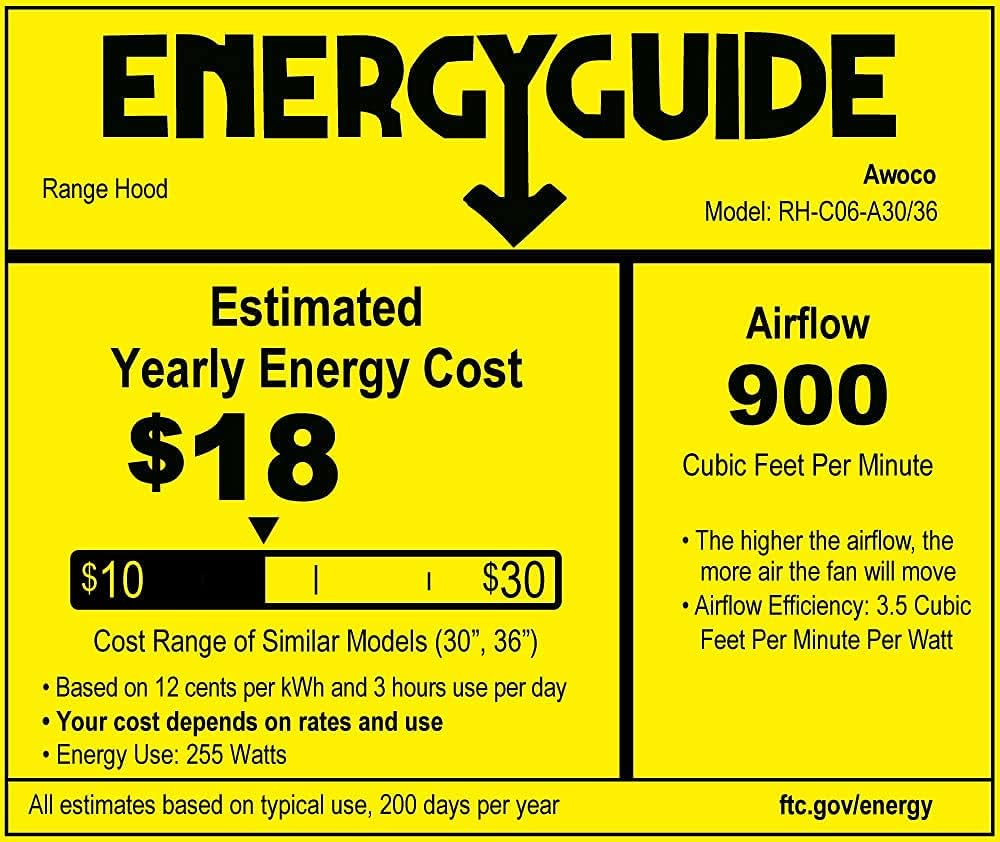 [Refurbished] Awoco RH-C06-A30 Classic 6” High 1mm Thick Stainless Steel Under Cabinet 4 Speeds 900 CFM Range Hood with 2 LED Lights & 2 Levels of Lighting (30"W All-In-One)