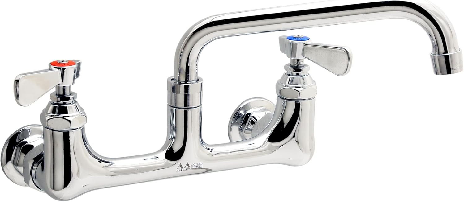 AA Faucet 8" Wall Mount Heavy Duty Faucet w/ Swivel Spout for Commercial Kitchen Sinks, NSF Approved (16" Spout)