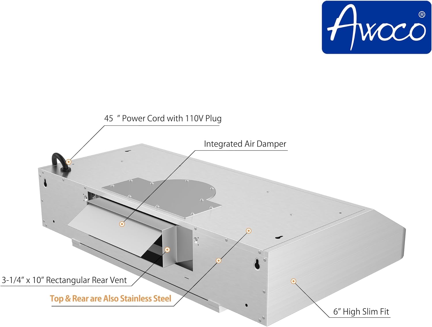 [Refurbished] Awoco RH-R06-30 Rectangle Vent 6" High Stainless Steel Under Cabinet 4 Speeds 900CFM Range Hood with LED Lights (30"W Rear Vent)