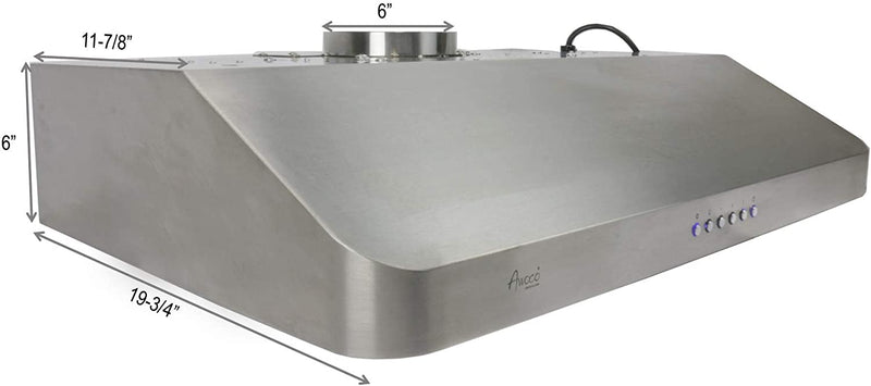 Awoco RH-SP06-36 Super Quiet Split 6" High 1mm Thick Stainless Steel Under Cabinet 4 Speeds 800CFM Range Hood with 2 LED Lights, 6" Round Top Vent