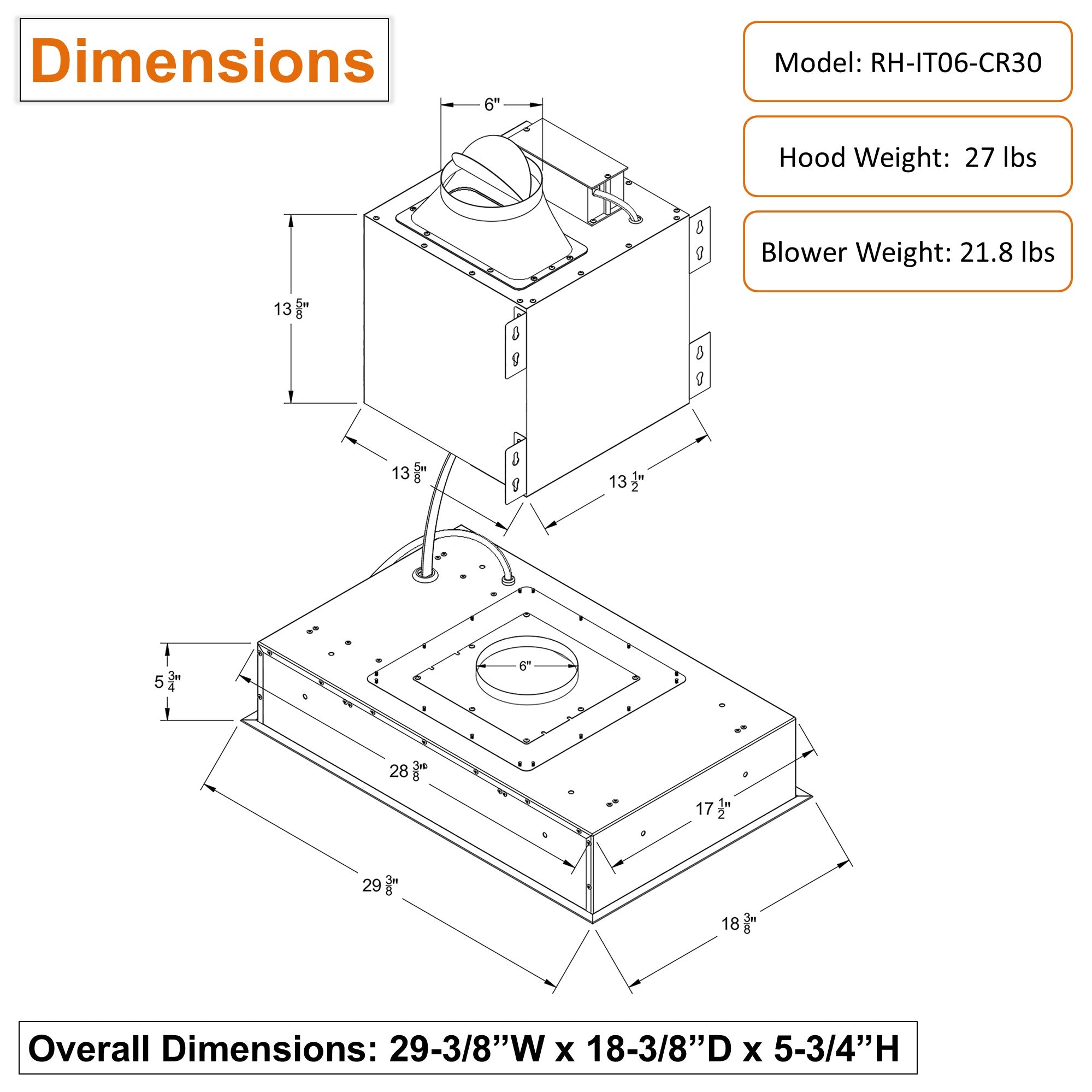 Awoco 30”W Flush Ceiling Mount Split Insert Range Hood, Stainless Steel 4 Speeds 650 CFM, 6” Round Vent LED Lights Remote Control