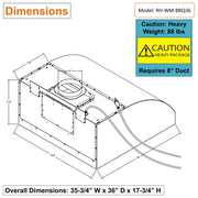 Awoco 36” Outdoor BBQ Vent Hood 17” High Type 304 Stainless Steel, 4 Speeds 1000 CFM, Adjustable LED Lights, 8” Round Top Vent