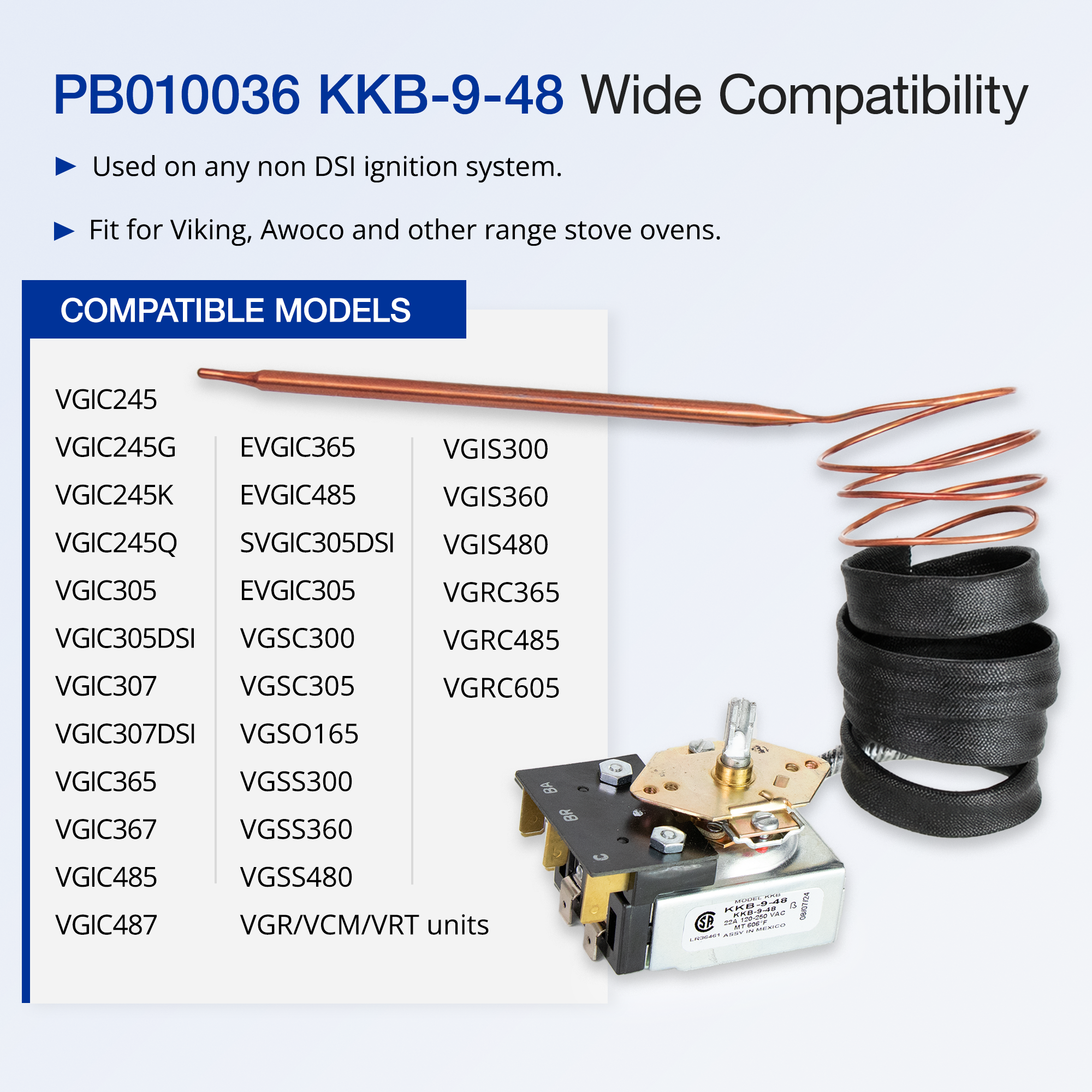 Robertshaw KKB-9-48 PB010036 Thermostat Bake/Broil Part, Oven Thermostat for Viking, Awoco Gas Range Stoves Oven, 22A 120-250 VAC, Max Temp 606°F, CSA Approved