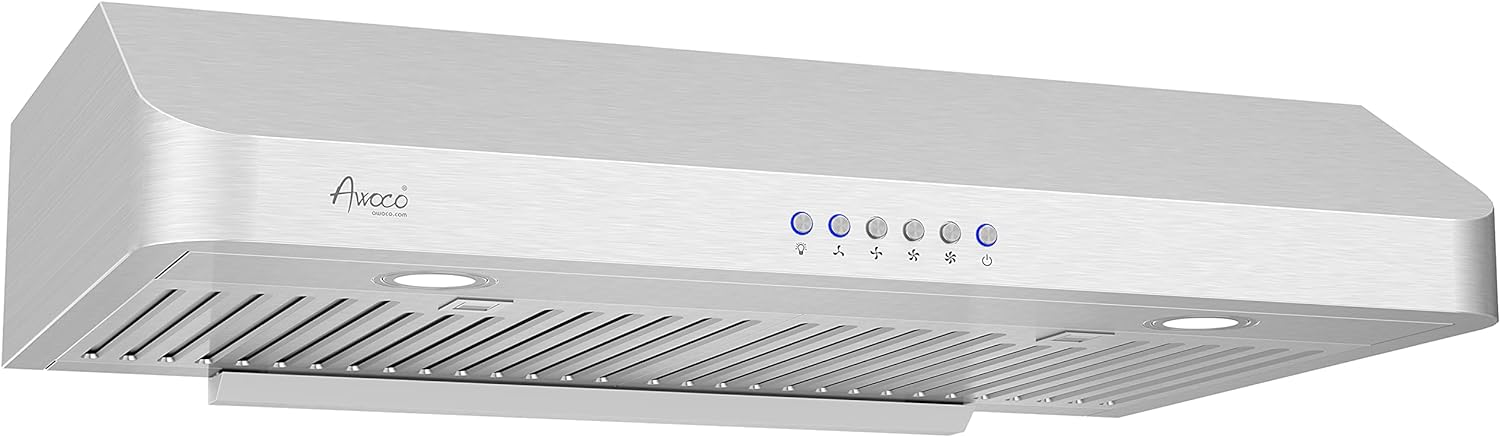 [Refurbished] Awoco RH-C06-30 Classic 6" High Stainless Steel Under Cabinet 4 Speeds 900CFM Range Hood with 2 LED Lights Top Vent (30"W Top Vent)