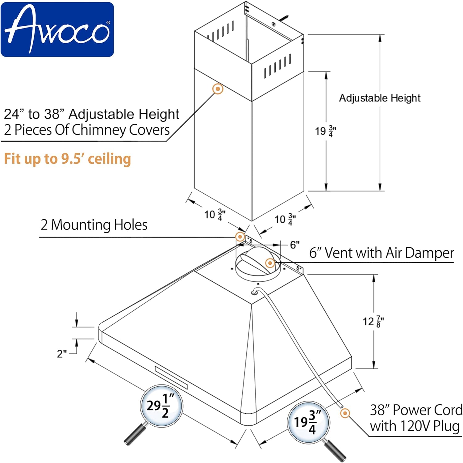 [Refurbished] Awoco RH-WT-C30 30” Wall Mount Stainless Steel Range Hood 3 Speeds, 6” Round Top Vent 800CFM 2 LED Lights & Remote Control