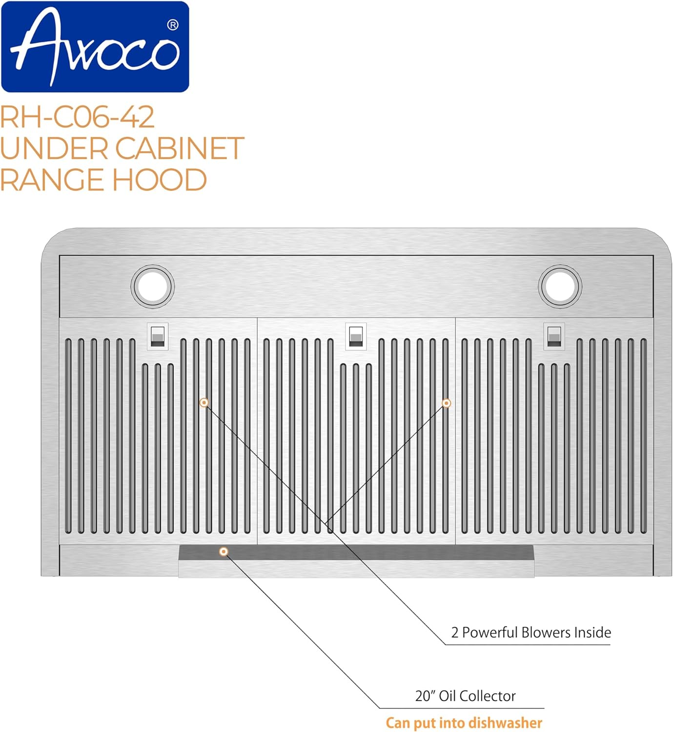 [Refurbished] Awoco RH-C06-42 Classic 6" High 1mm Thick Stainless Steel Under Cabinet 4 Speeds 900CFM Range Hood with 2 LED Lights, 6" Round Top Vent (42"W Round Vent)