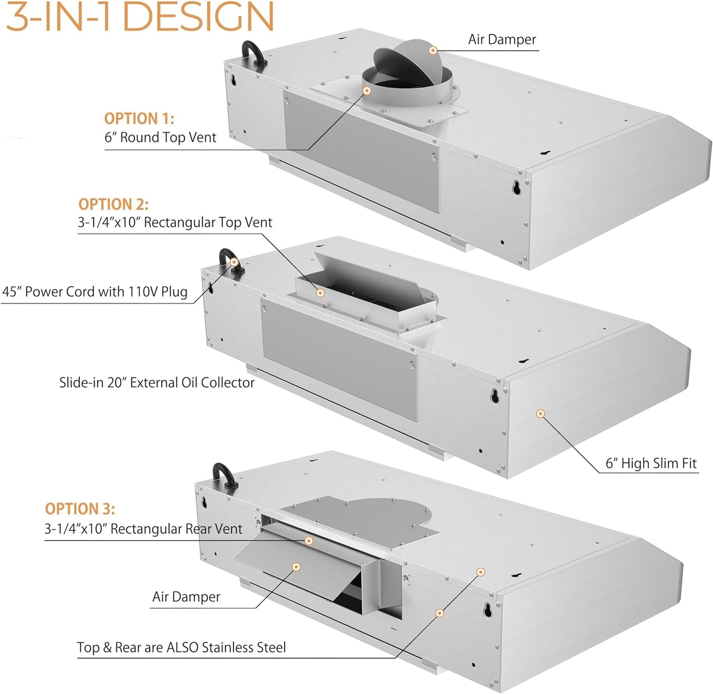 [Refurbished] Awoco RH-C06-A30 Classic 6” High 1mm Thick Stainless Steel Under Cabinet 4 Speeds 900 CFM Range Hood with 2 LED Lights & 2 Levels of Lighting (30"W All-In-One)