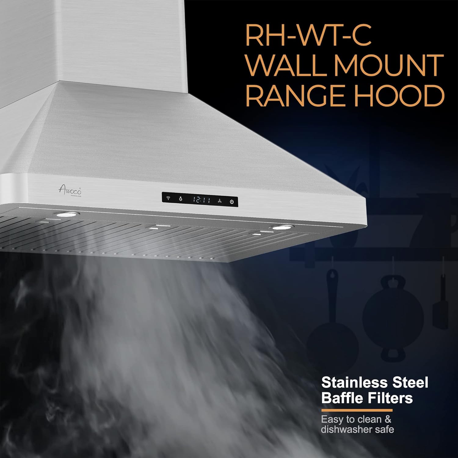 [Refurbished] Awoco RH-WT-C30 30” Wall Mount Stainless Steel Range Hood 3 Speeds, 6” Round Top Vent 800CFM 2 LED Lights & Remote Control