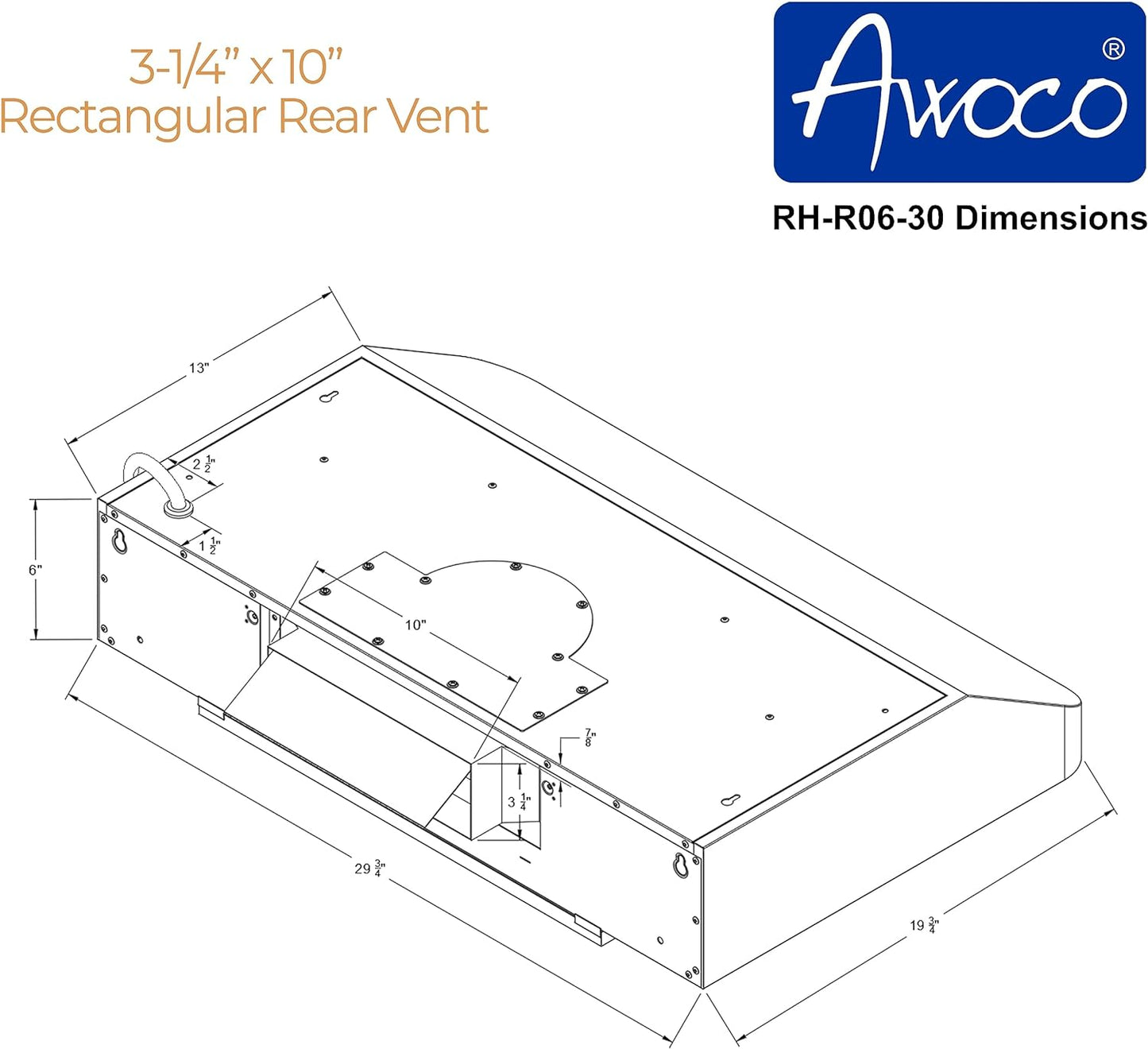 [Refurbished] Awoco RH-R06-30 Rectangle Vent 6" High Stainless Steel Under Cabinet 4 Speeds 900CFM Range Hood with LED Lights (30"W Rear Vent)