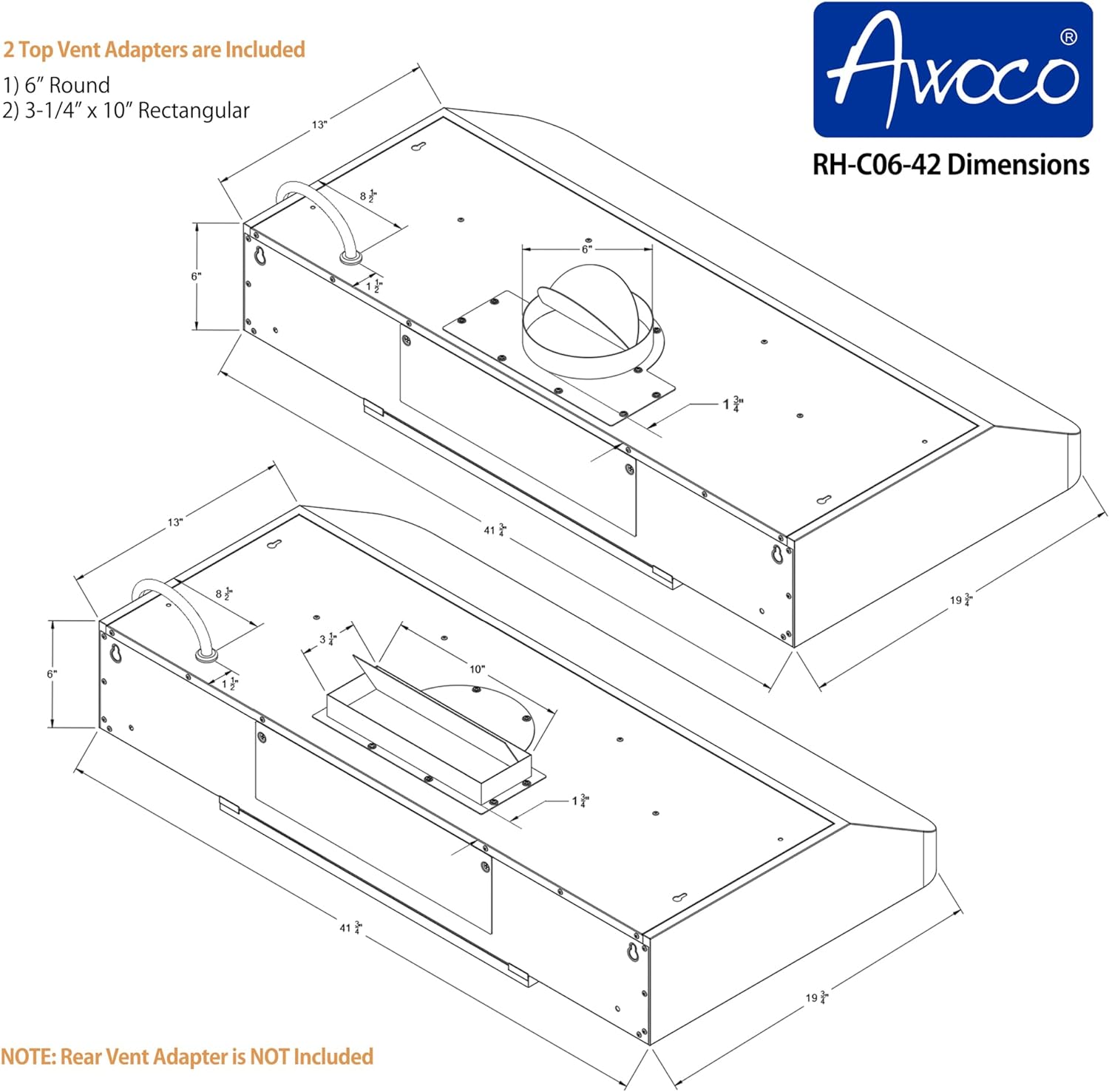 [Refurbished] Awoco RH-C06-42 Classic 6" High 1mm Thick Stainless Steel Under Cabinet 4 Speeds 900CFM Range Hood with 2 LED Lights, 6" Round Top Vent (42"W Round Vent)