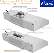 [Refurbished] Awoco RH-C06-42 Classic 6" High 1mm Thick Stainless Steel Under Cabinet 4 Speeds 900CFM Range Hood with 2 LED Lights, 6" Round Top Vent (42"W Round Vent)