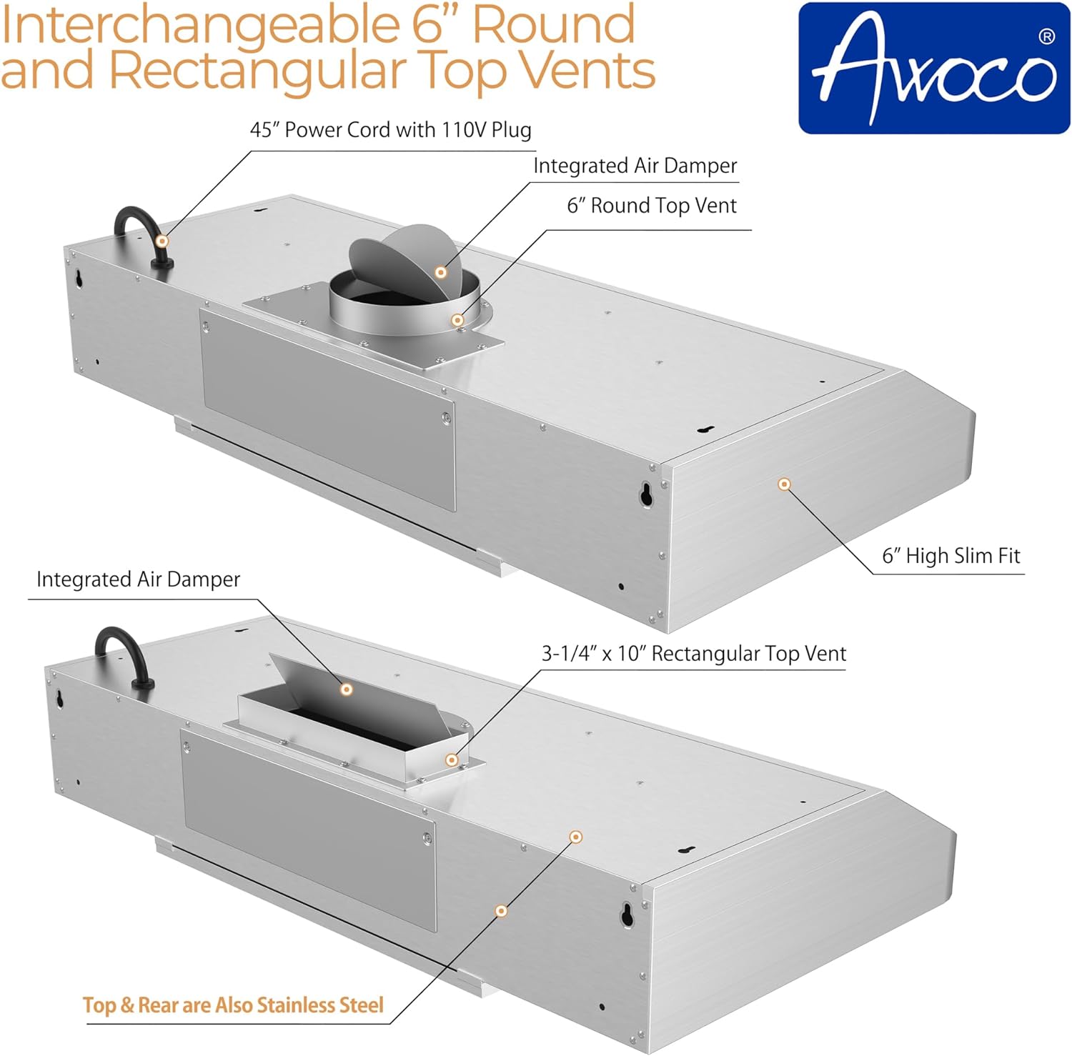 [Refurbished] Awoco RH-C06-42 Classic 6" High 1mm Thick Stainless Steel Under Cabinet 4 Speeds 900CFM Range Hood with 2 LED Lights, 6" Round Top Vent (42"W Round Vent)