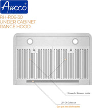 [Refurbished] Awoco RH-R06-30 Rectangle Vent 6" High Stainless Steel Under Cabinet 4 Speeds 900CFM Range Hood with LED Lights (30"W Rear Vent)