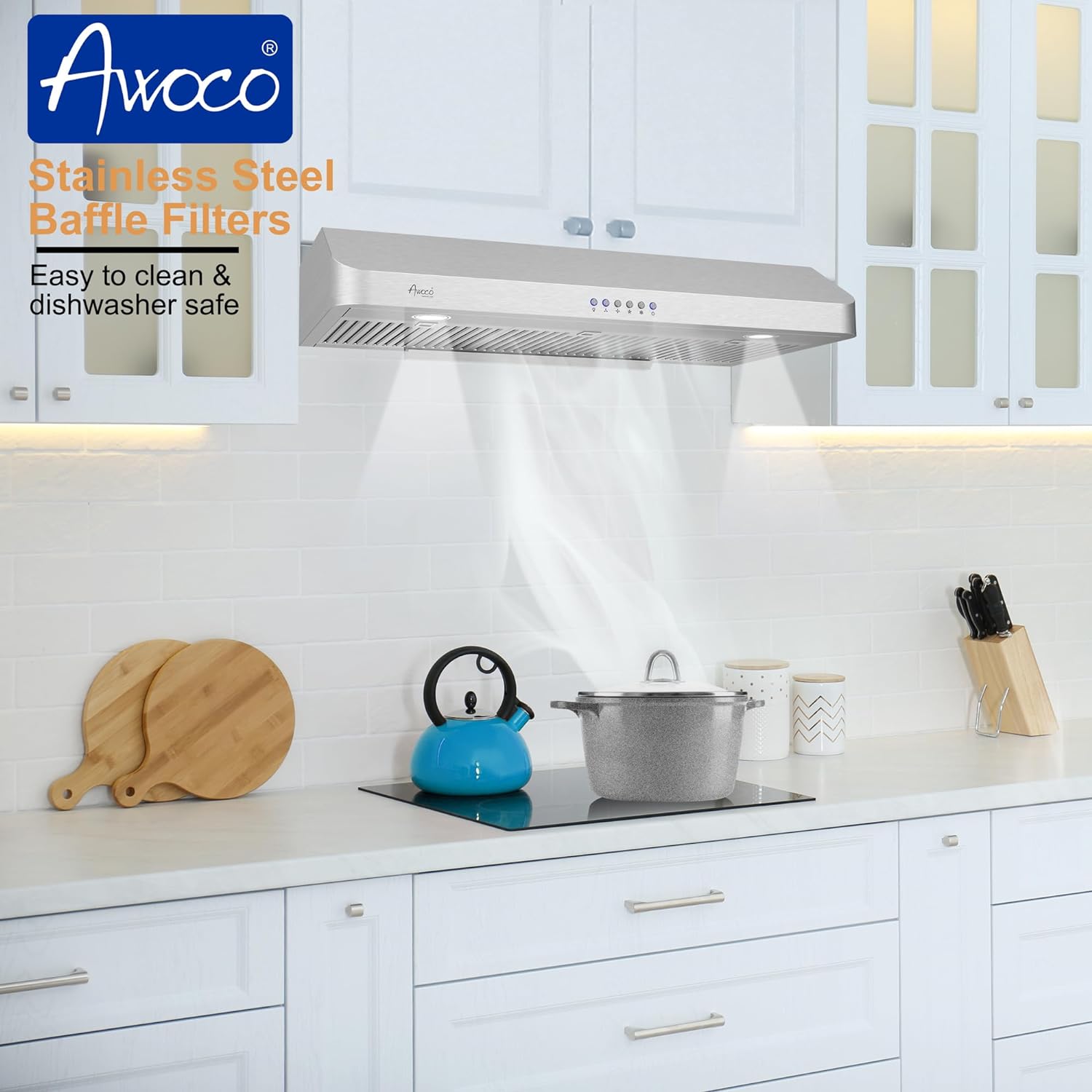 [Refurbished] Awoco RH-C06-42 Classic 6" High 1mm Thick Stainless Steel Under Cabinet 4 Speeds 900CFM Range Hood with 2 LED Lights, 6" Round Top Vent (42"W Round Vent)