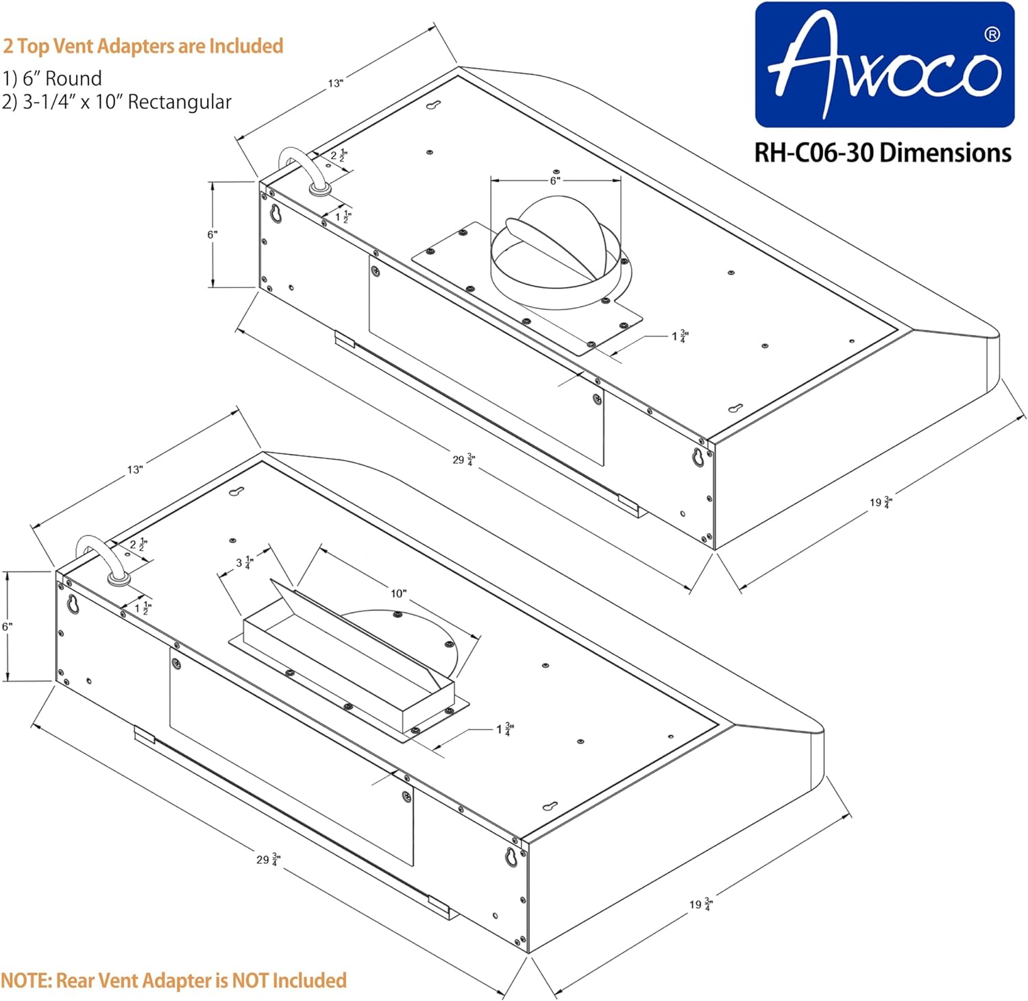 [Refurbished] Awoco RH-C06-30 Classic 6" High Stainless Steel Under Cabinet 4 Speeds 900CFM Range Hood with 2 LED Lights Top Vent (30"W Top Vent)