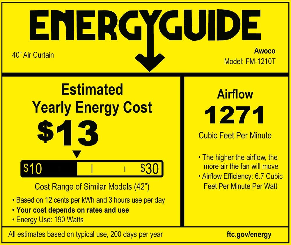 (Refurbished) Awoco 40" FM-1210T 1250 CFM Slim Indoor Air Curtain, CE Certified, 120V Unheated with Remote Control and Magnetic Switch, Powerful, Quiet, Small Body, Light Weight