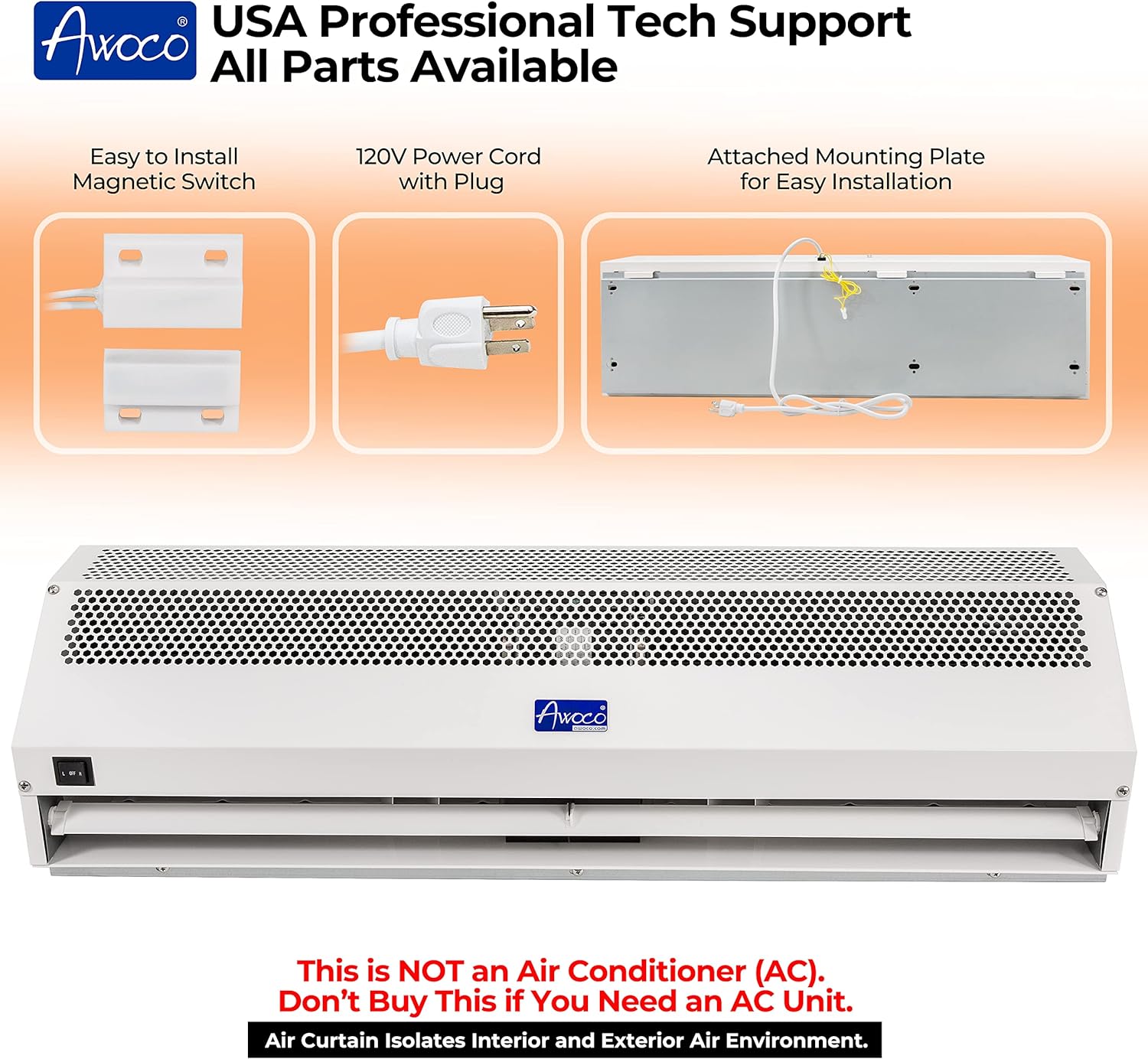 [Refurbished] Awoco FM1509 36" Super Power 2 Speeds 1200CFM Commercial Indoor Air Curtain, UL Certified, 120V Unheated - Door Switch Included