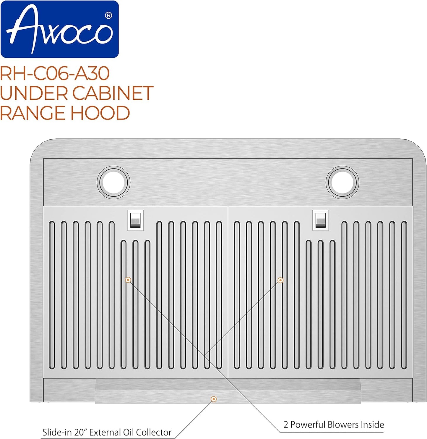 [Refurbished] Awoco RH-C06-A30 Classic 6” High 1mm Thick Stainless Steel Under Cabinet 4 Speeds 900 CFM Range Hood with 2 LED Lights & 2 Levels of Lighting (30"W All-In-One)