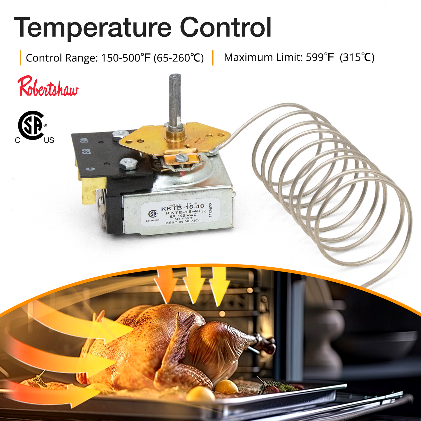 Robertshaw KKTB-18-48 Stove Oven Range Thermostat 5A 120VAC Max Temp 599°F for Awoco and Other Gas Range Stoves