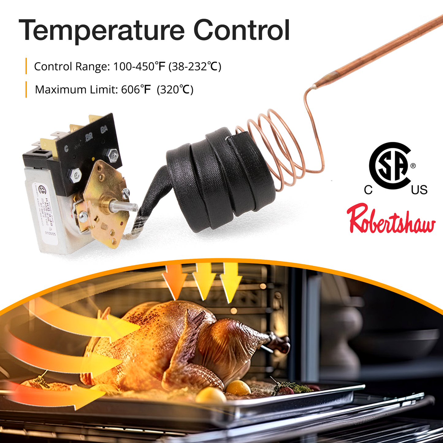 Robertshaw KKB-9-48 PB010036 Thermostat Bake/Broil Part, Oven Thermostat for Viking, Awoco Gas Range Stoves Oven, 22A 120-250 VAC, Max Temp 606°F, CSA Approved