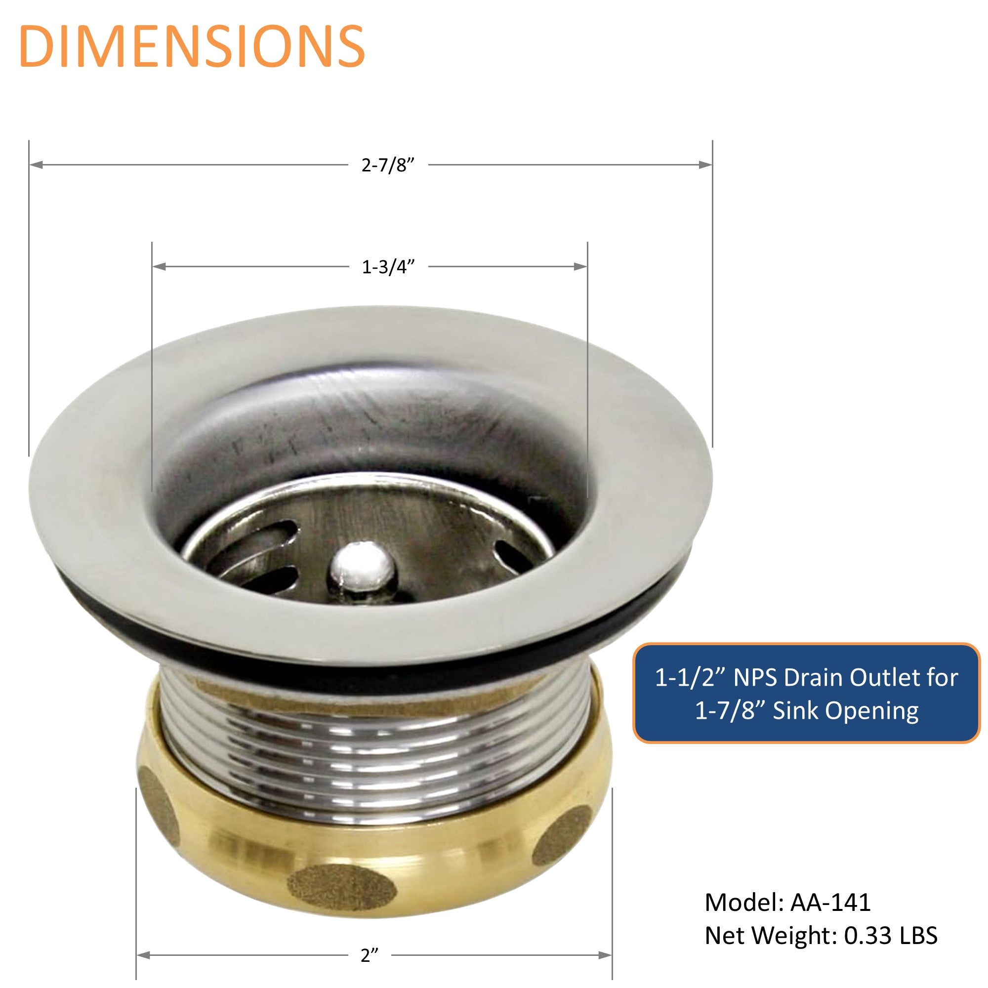 AA Faucet AA-141 Stainless Steel Mini-Basket Strainer, 1-7/8" Dia.