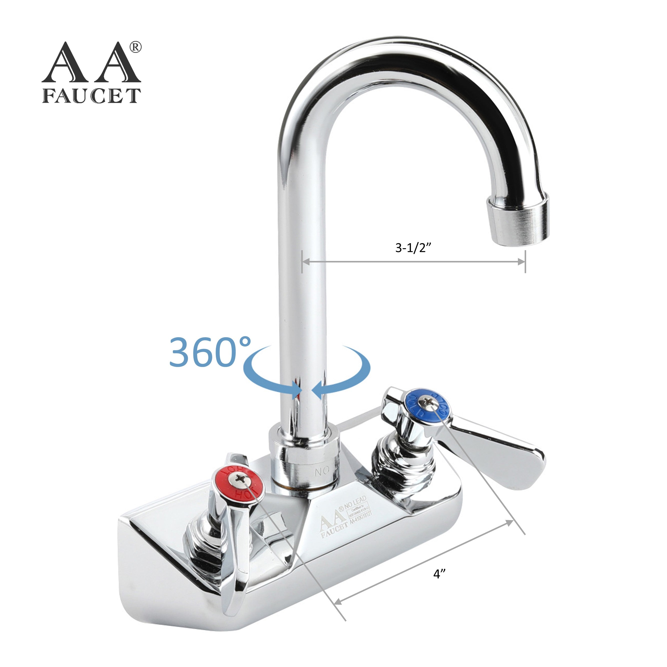 AA Faucet 4" Wall Mount Commercial Hand Sink Faucet with 3-1/2" Gooseneck Spout, Brass Construction Chrome Polished for Restaurant Kitchen NSF Approved