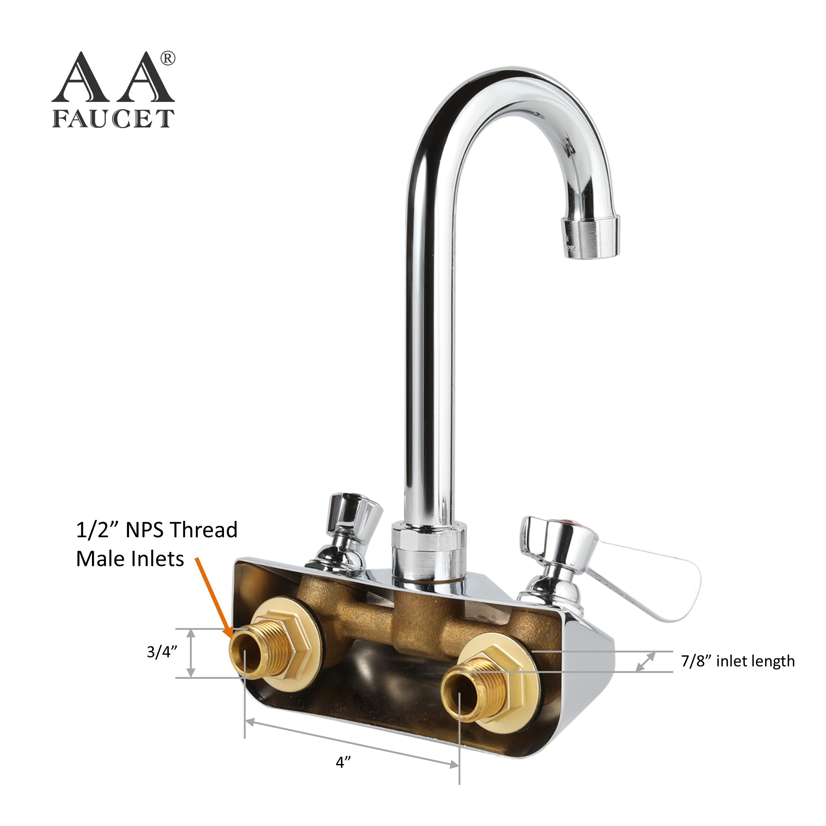 AA Faucet 4" Wall Mount Commercial Hand Sink Faucet with 3-1/2" Gooseneck Spout, Brass Construction Chrome Polished for Restaurant Kitchen NSF Approved