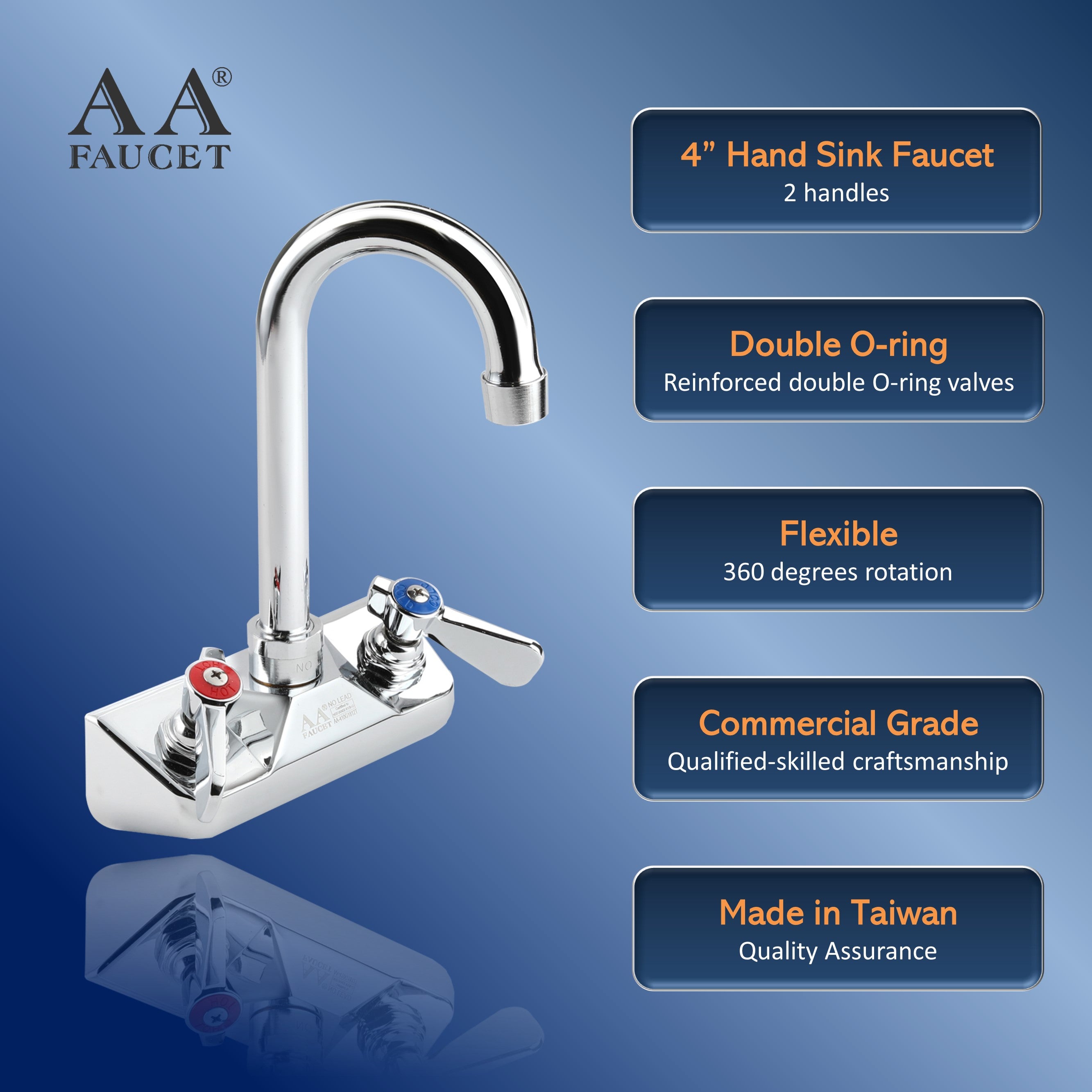 AA Faucet 4" Wall Mount Commercial Hand Sink Faucet with 3-1/2" Gooseneck Spout, Brass Construction Chrome Polished for Restaurant Kitchen NSF Approved