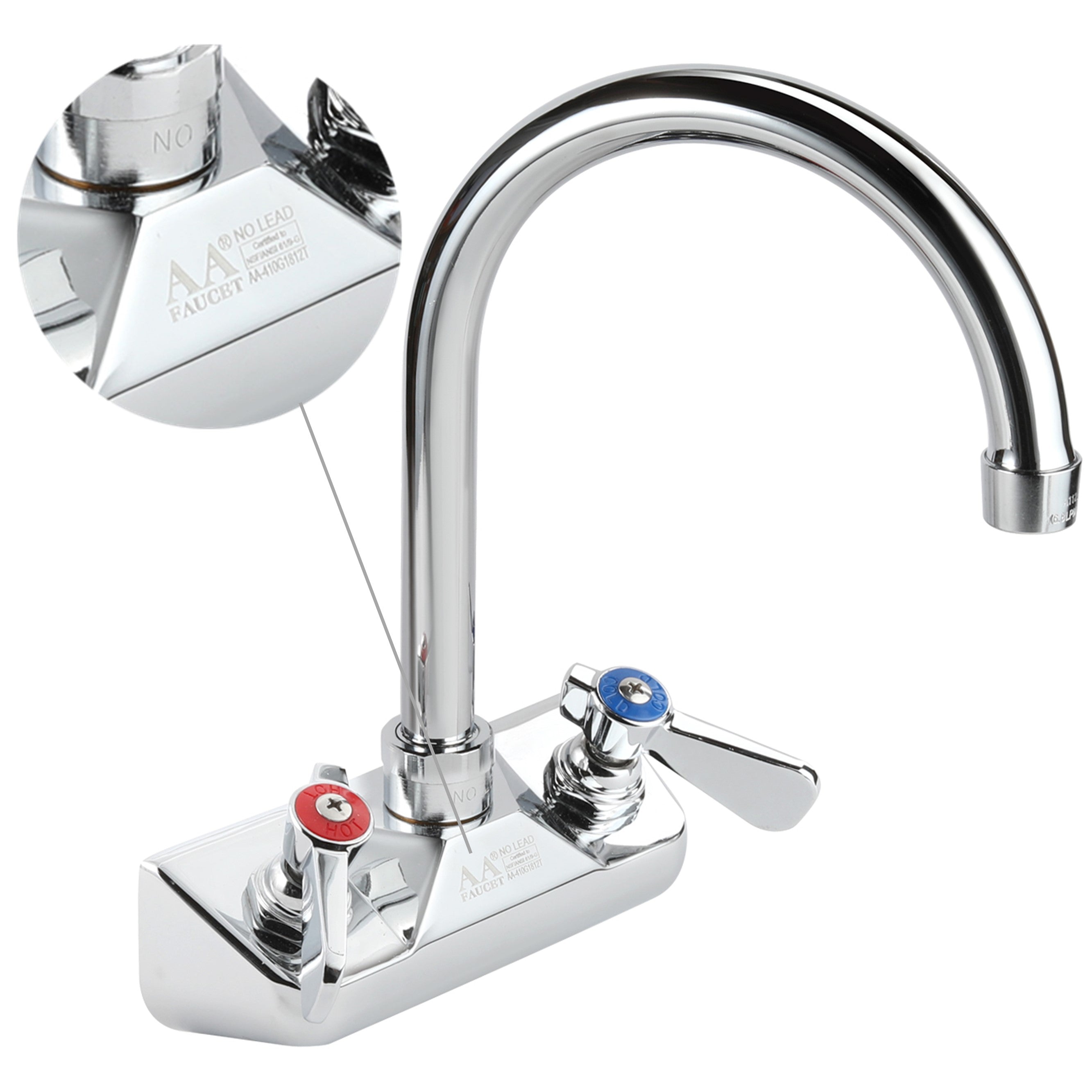 AA Faucet 4" Wall Mount Commercial Hand Sink Faucet with 6" Gooseneck Spout, Brass Construction Chrome Polished for Restaurant Kitchen NSF Approved