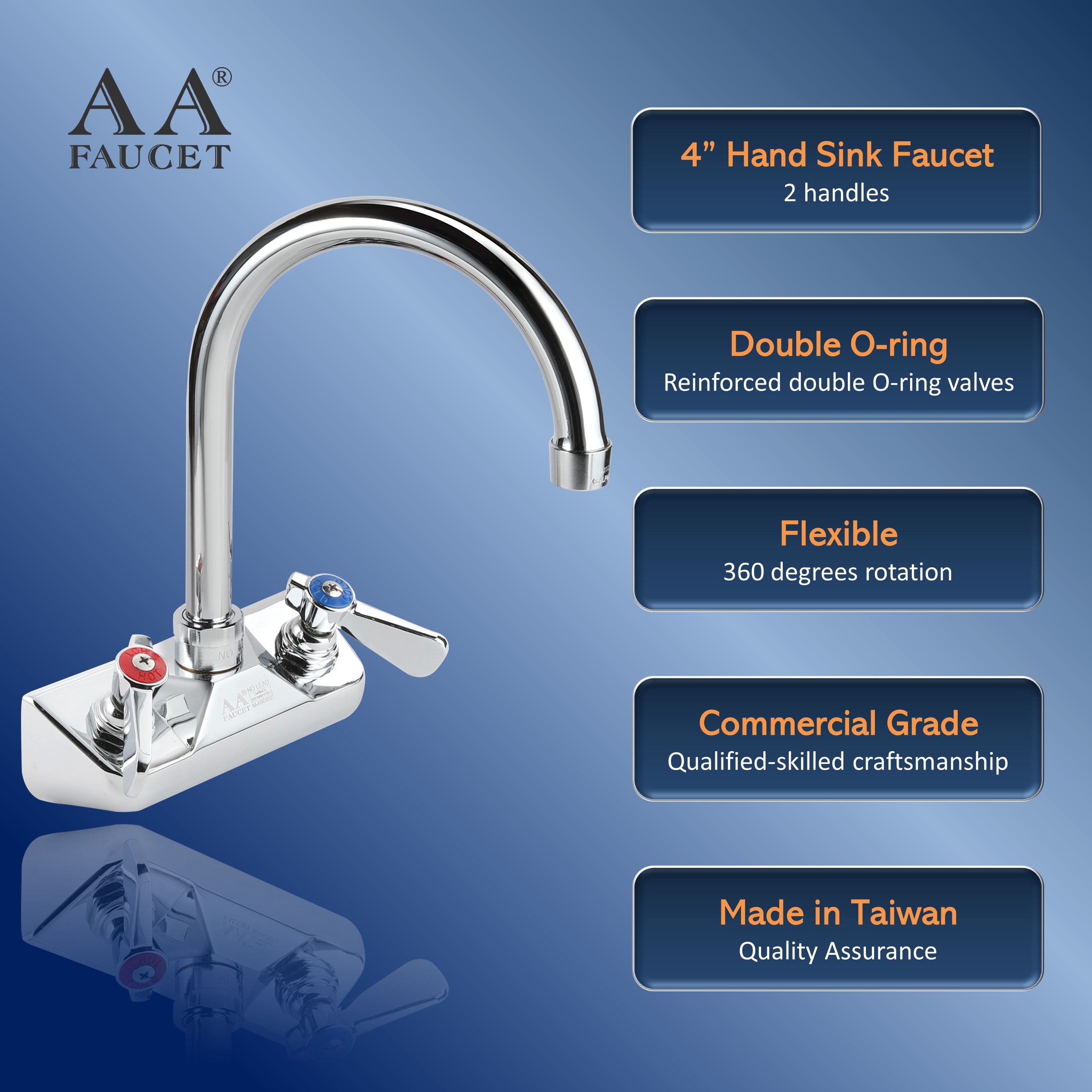 AA Faucet 4" Wall Mount Commercial Hand Sink Faucet with 6" Gooseneck Spout, Brass Construction Chrome Polished for Restaurant Kitchen NSF Approved