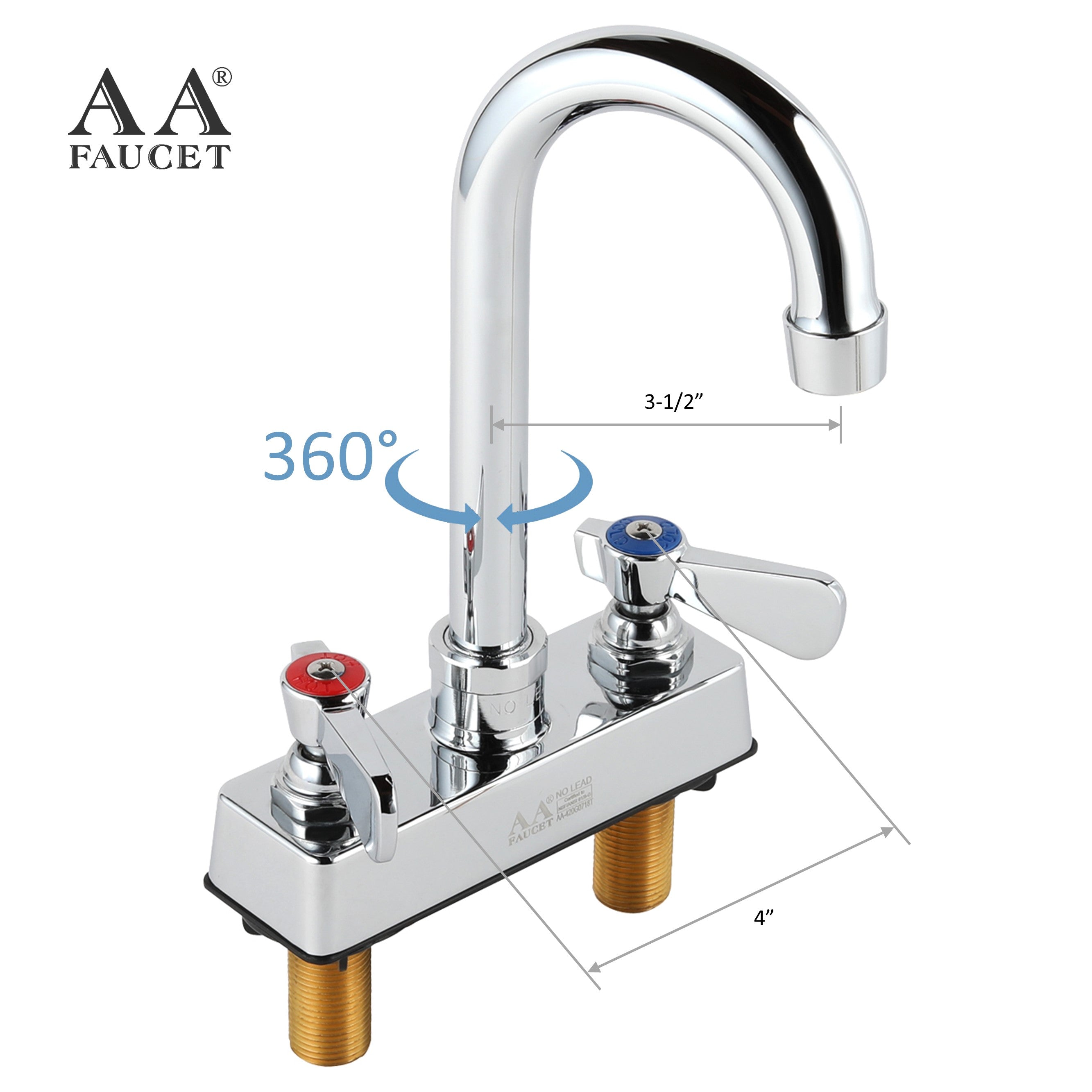 AA Faucet 4" Deck Mount Commercial Bar Sink Faucet with 3-1/2" Gooseneck Spout, Brass Construction Chrome Polished for Restaurant Kitchen NSF Approved