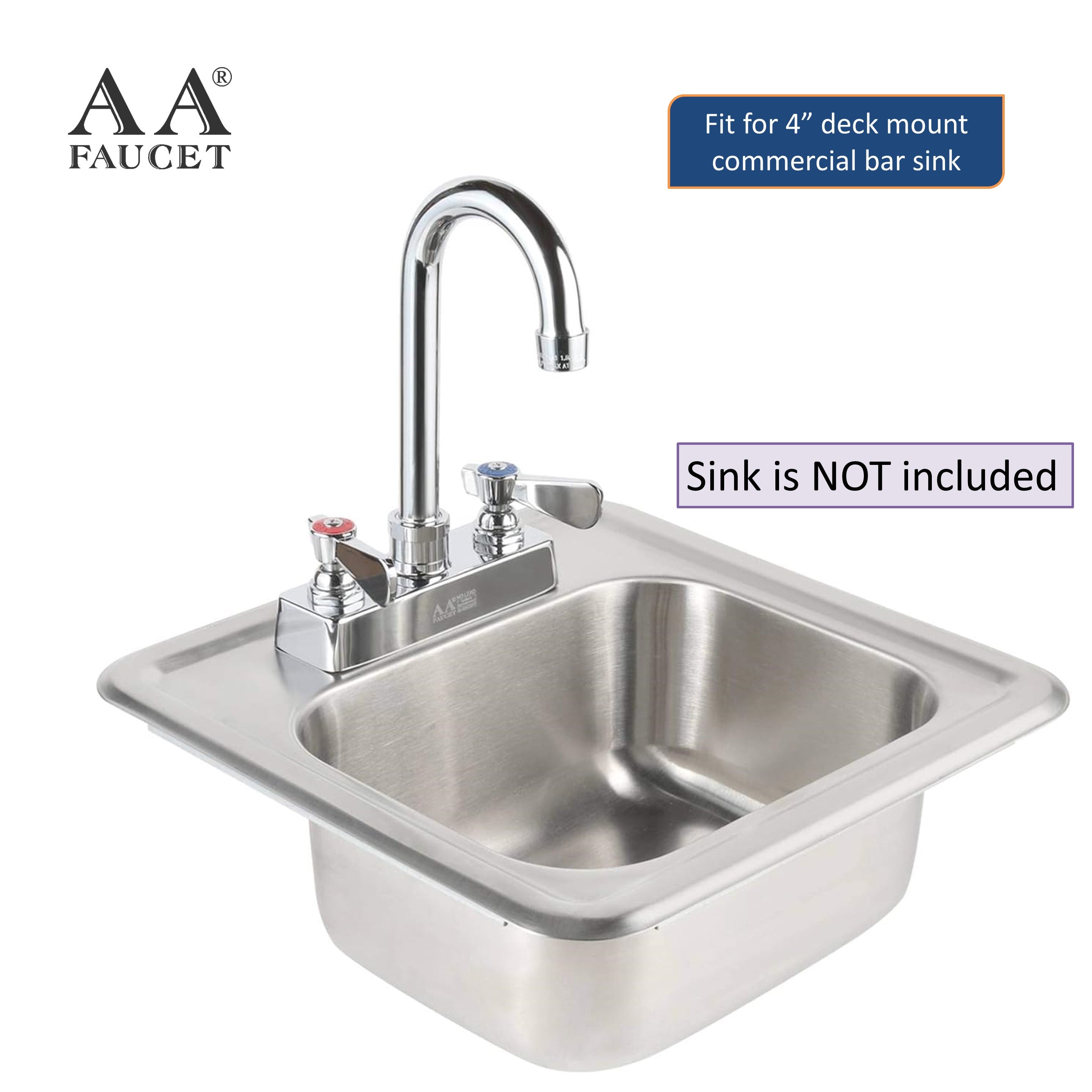 AA Faucet 4" Deck Mount Commercial Bar Sink Faucet with 3-1/2" Gooseneck Spout, Brass Construction Chrome Polished for Restaurant Kitchen NSF Approved