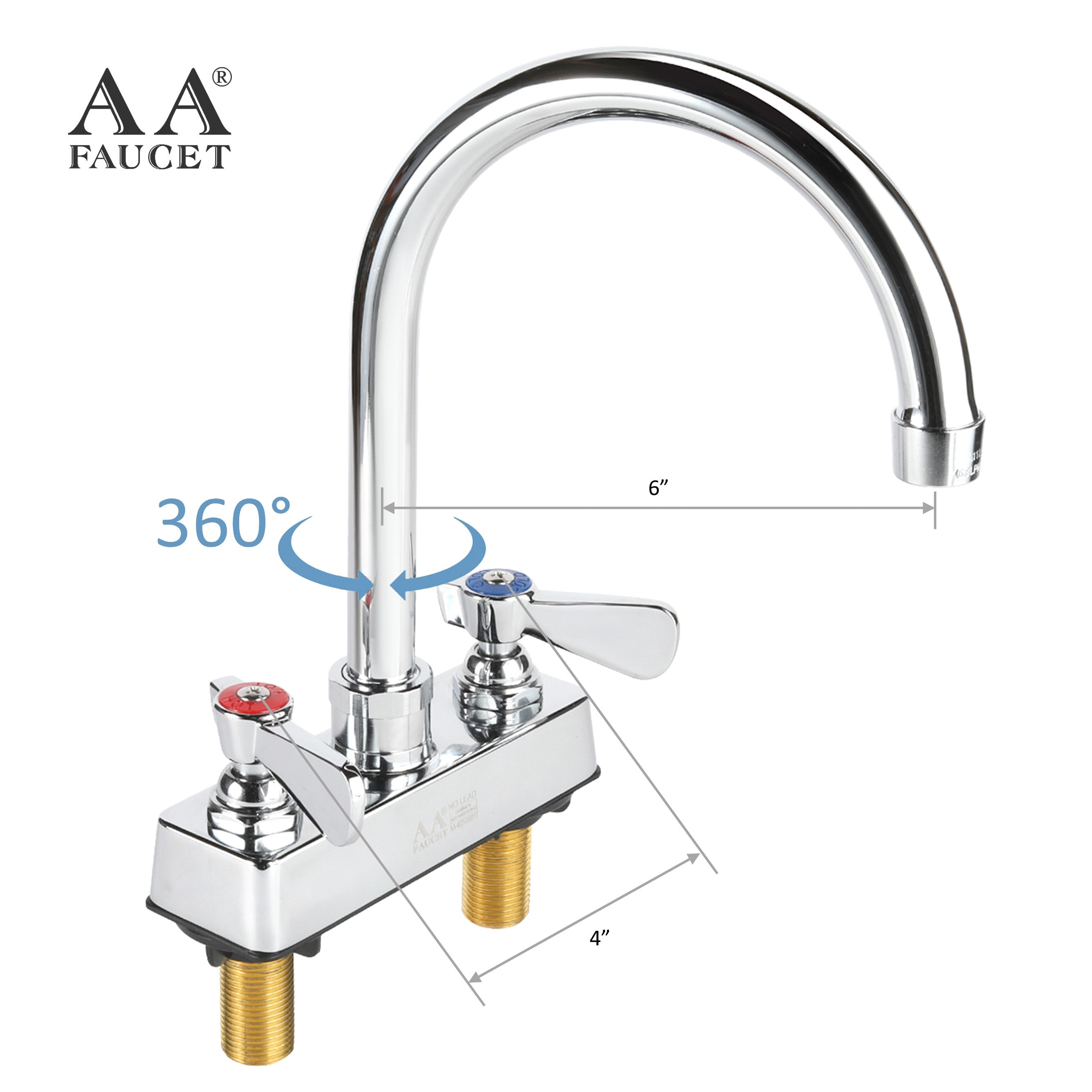 AA Faucet 4" Deck Mount Commercial Bar Sink Faucet with 6" Gooseneck Spout, Brass Construction Chrome Polished for Restaurant Kitchen NSF Approved